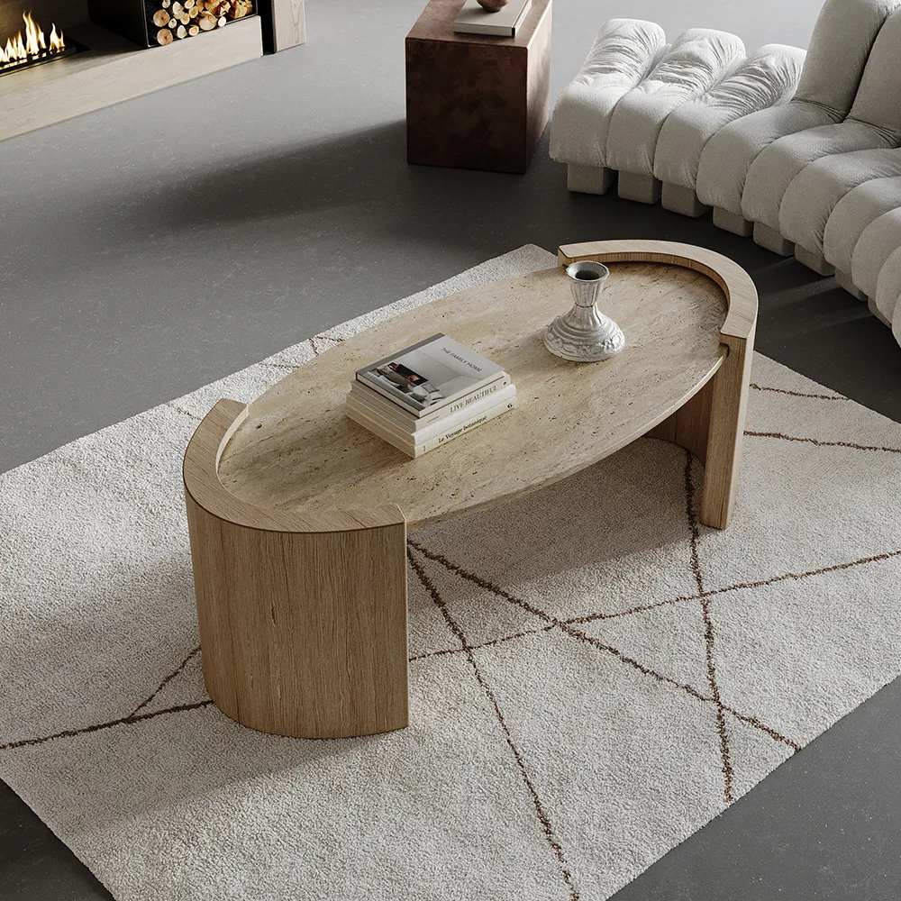Japandi Oval Coffee Table with Travertine Stone Top - Natural product
