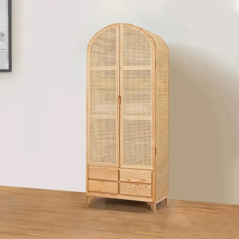 Japandi Rattan Armoire Wardrobe with 2 Doors & 4 Drawers - Natural, Ash Wood product
