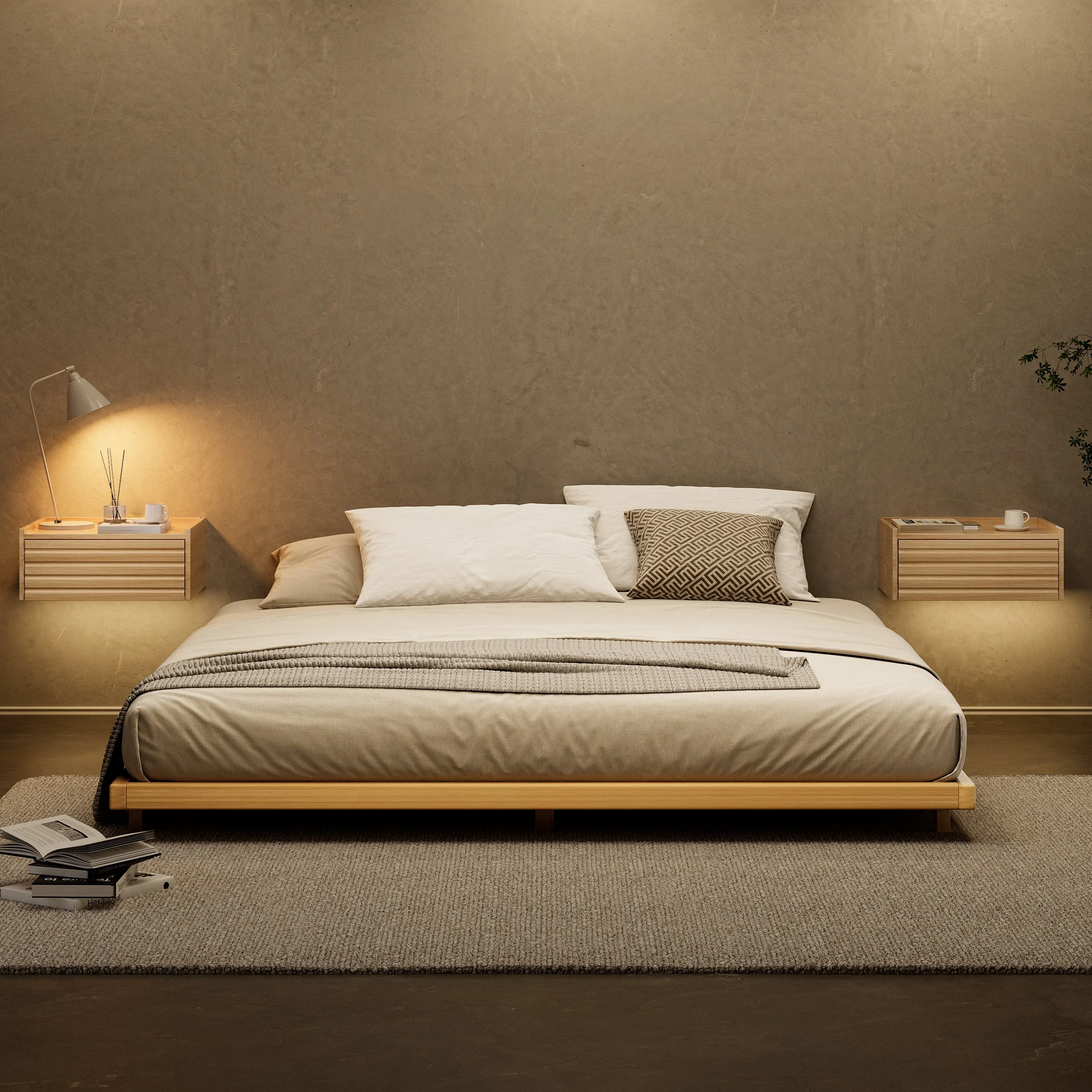 Japanese-Style Low Bed Frame with Floating Nightstands Set - Natural product