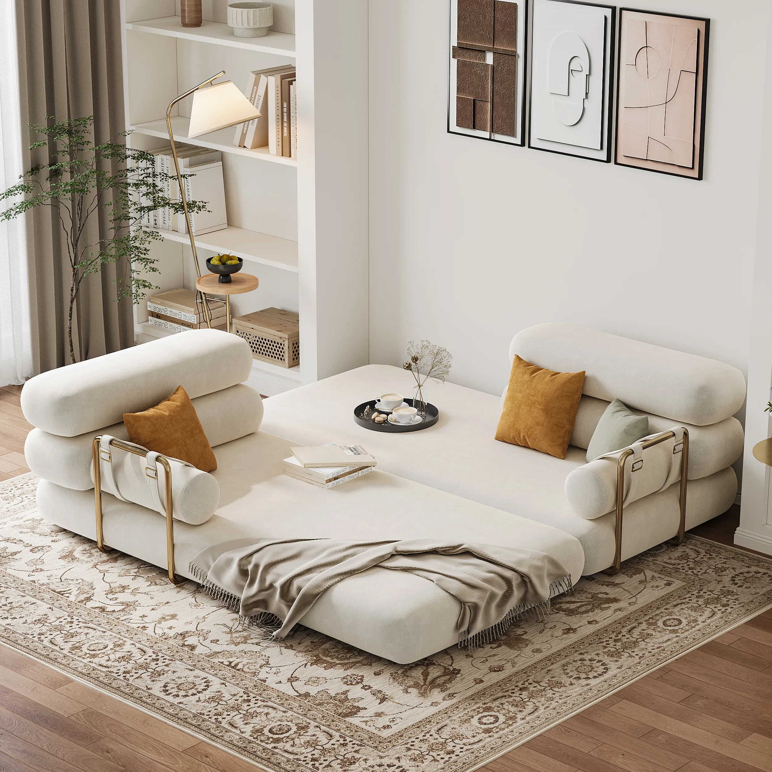 King Size 3-Seater Futon Sofa Bed Convertible - Beige, Velvet product