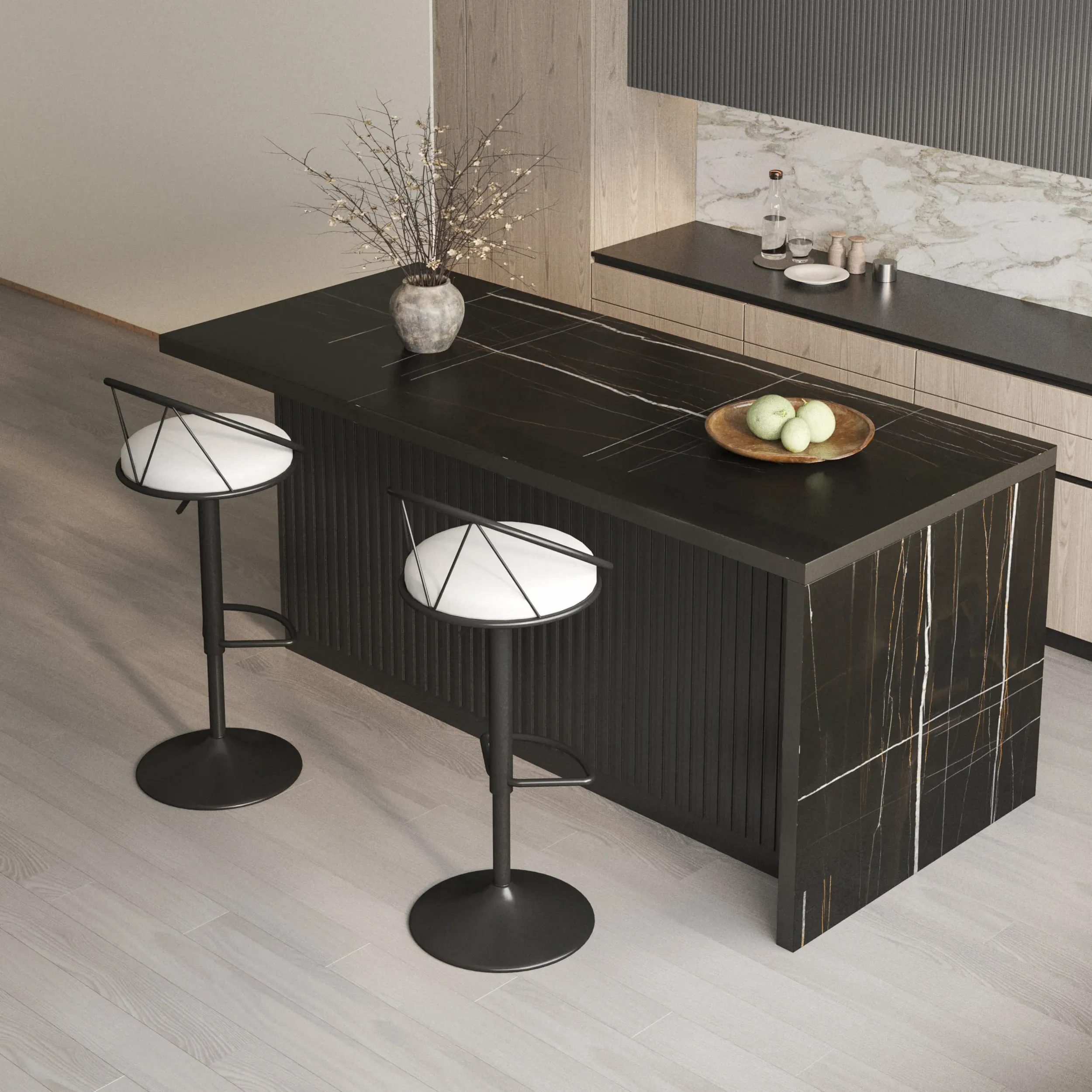 Kitchen Island & 2 Bar Stools Set with Storage - Black, Marble Veneer product