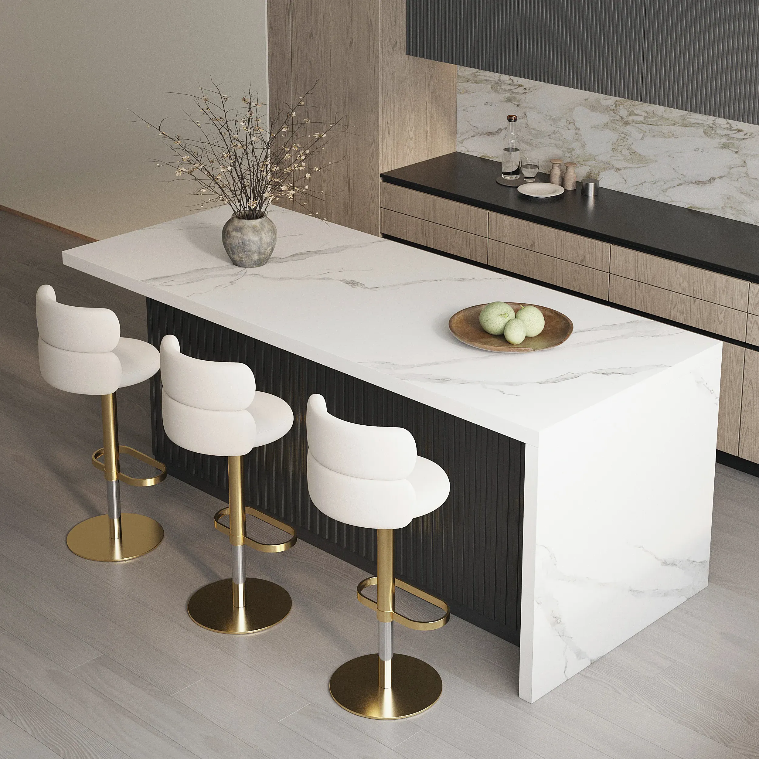 Kitchen Island & 2 Swivel Bar Stools Set - White, Black product