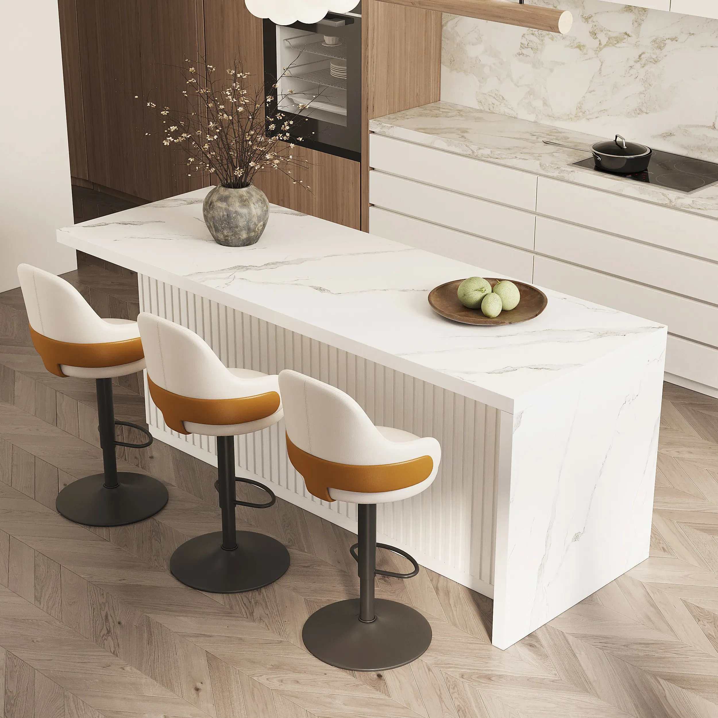 Kitchen Island & 3 Swivel Bar Stools Set with Storage - White product