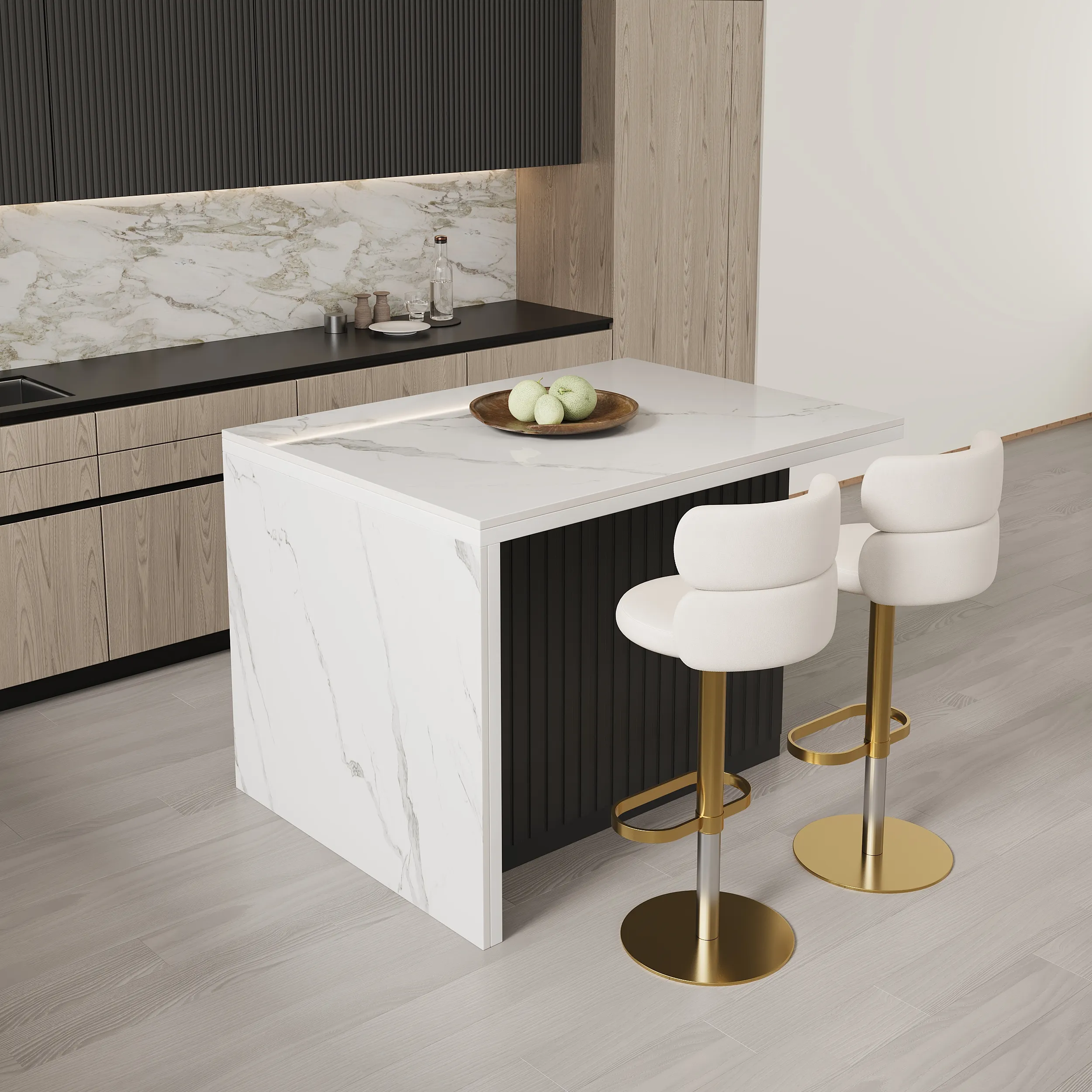 Kitchen Island with Storage & 2 Counter Stools - Matte White, Black product