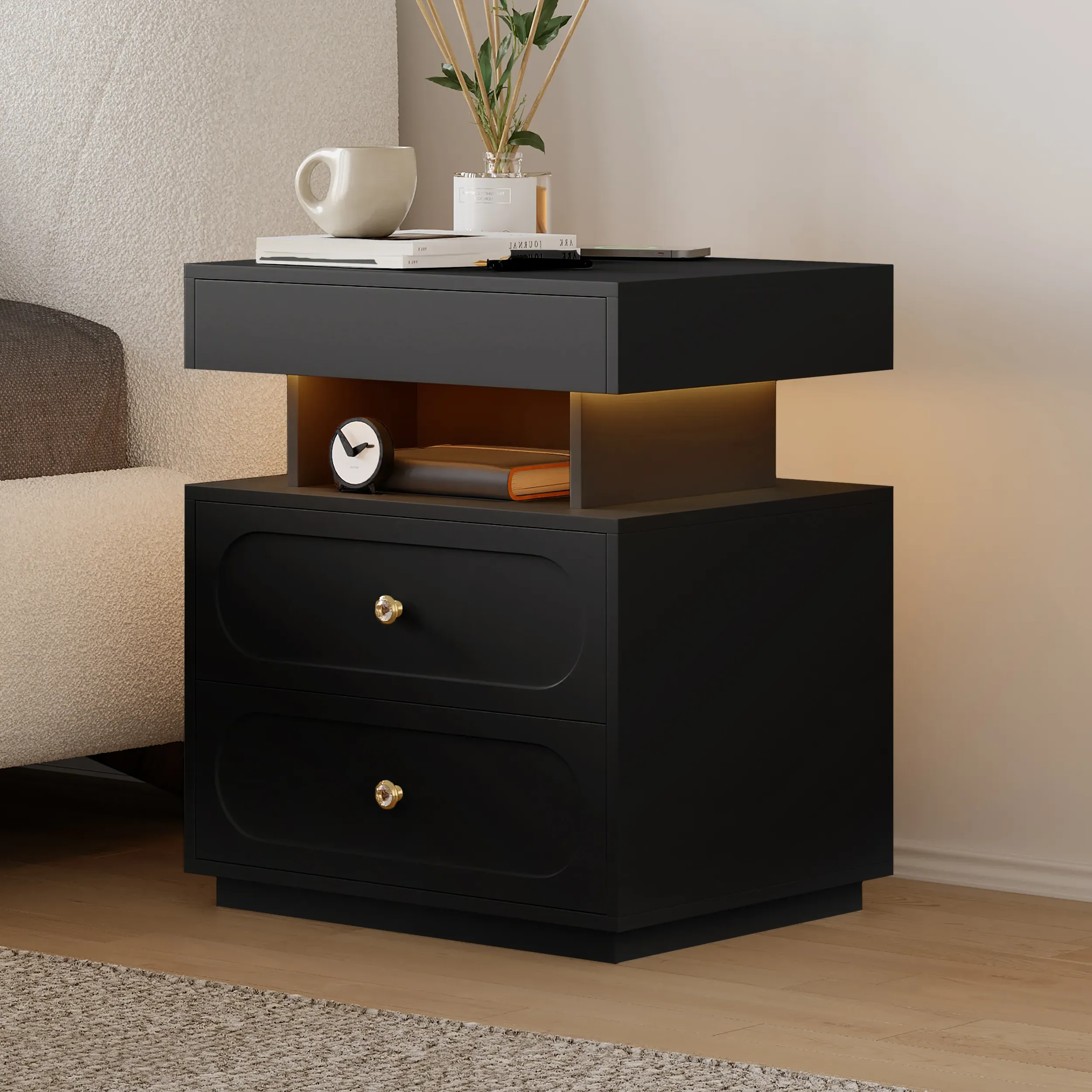 Krila 3-Drawer Smart Bedside Table with LED Light - Black product