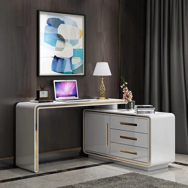 L-Shaped 360° Swivel Computer Desk with Cabinet & Drawers - White product