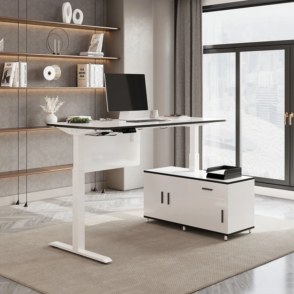 L-Shaped Electric Standing Desk with Storage - White product