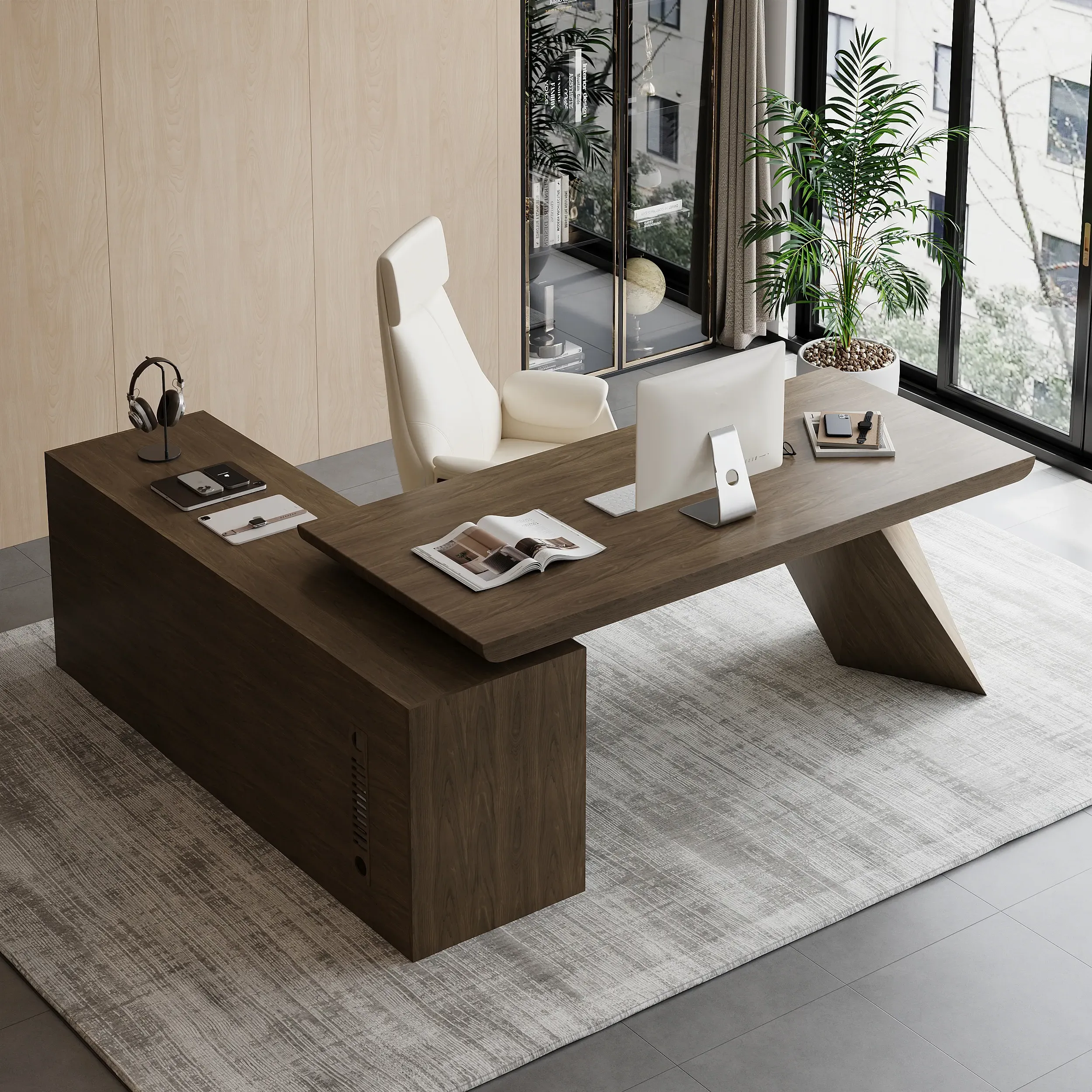L-Shaped Executive Desk with Cabinet - Smoked Brown product