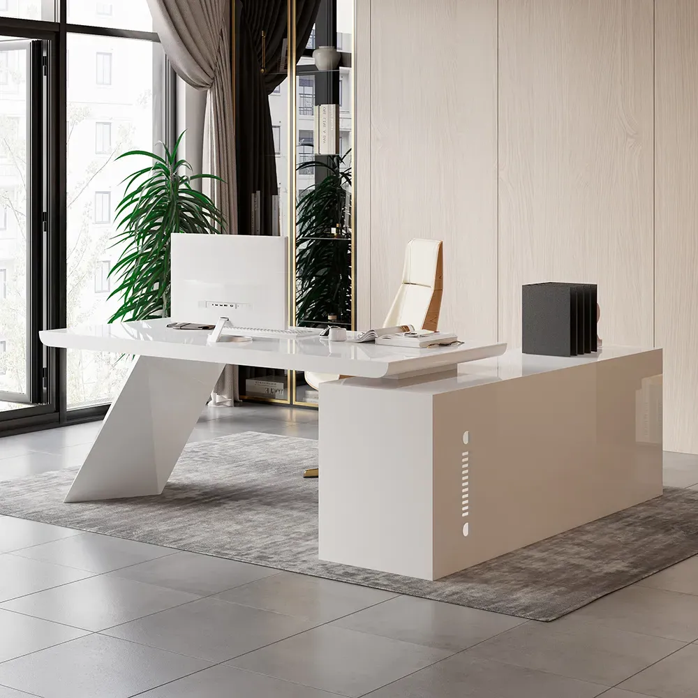 L-Shaped Executive Desk with Drawers & Cabinet - Glossy White product