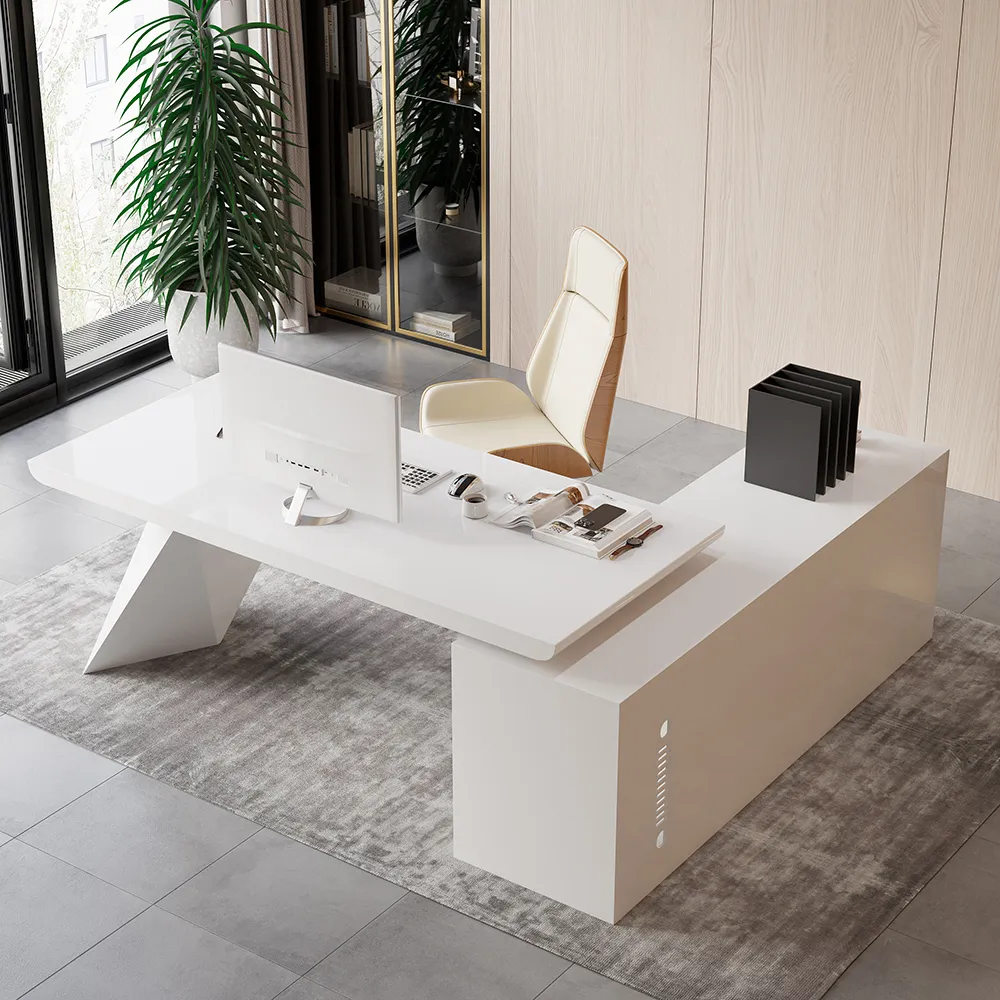 L-Shaped Executive Desk with Drawers & Cabinet - Glossy White product