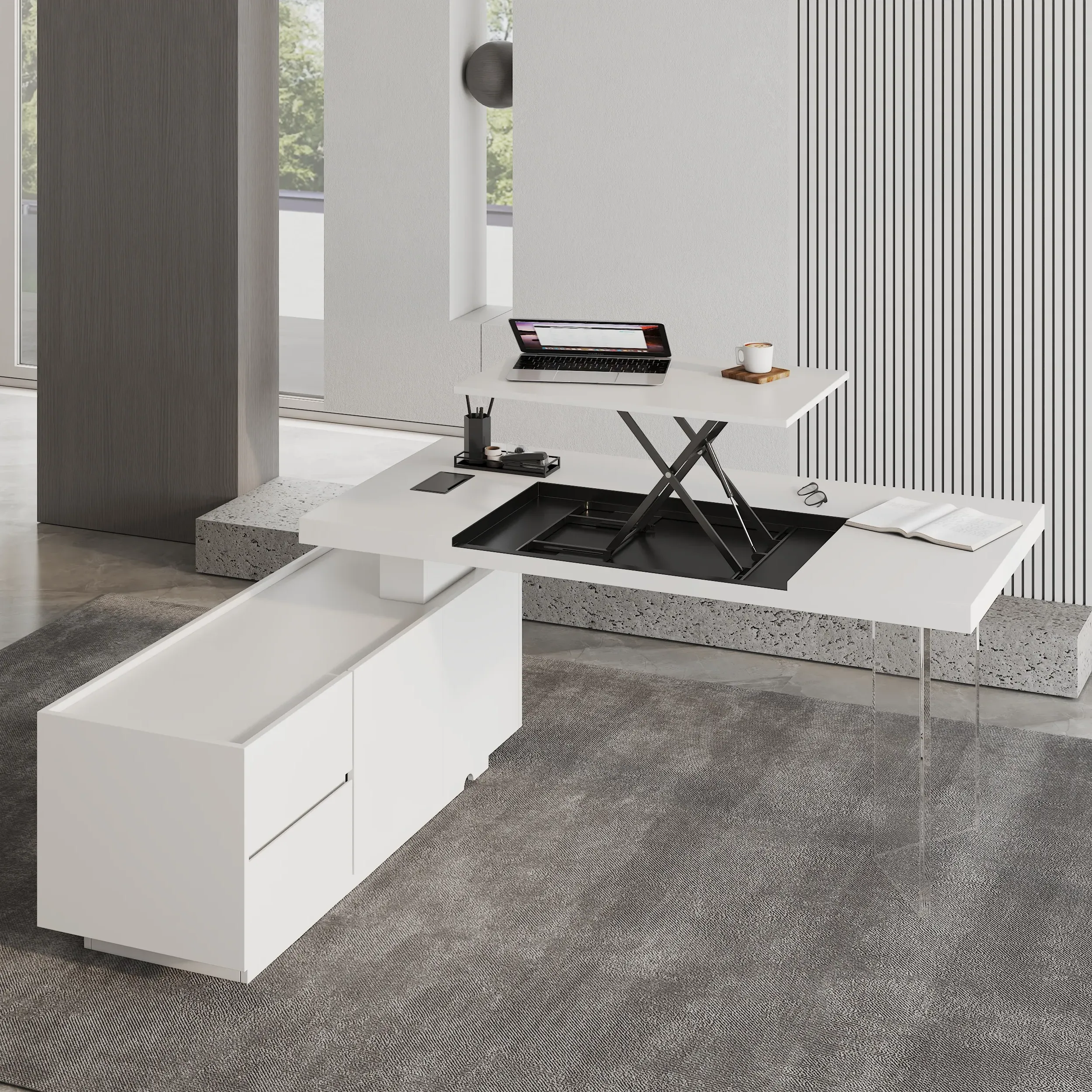L-Shaped Executive Desk with Lift-Top and Side Cabinet - White, MDF product