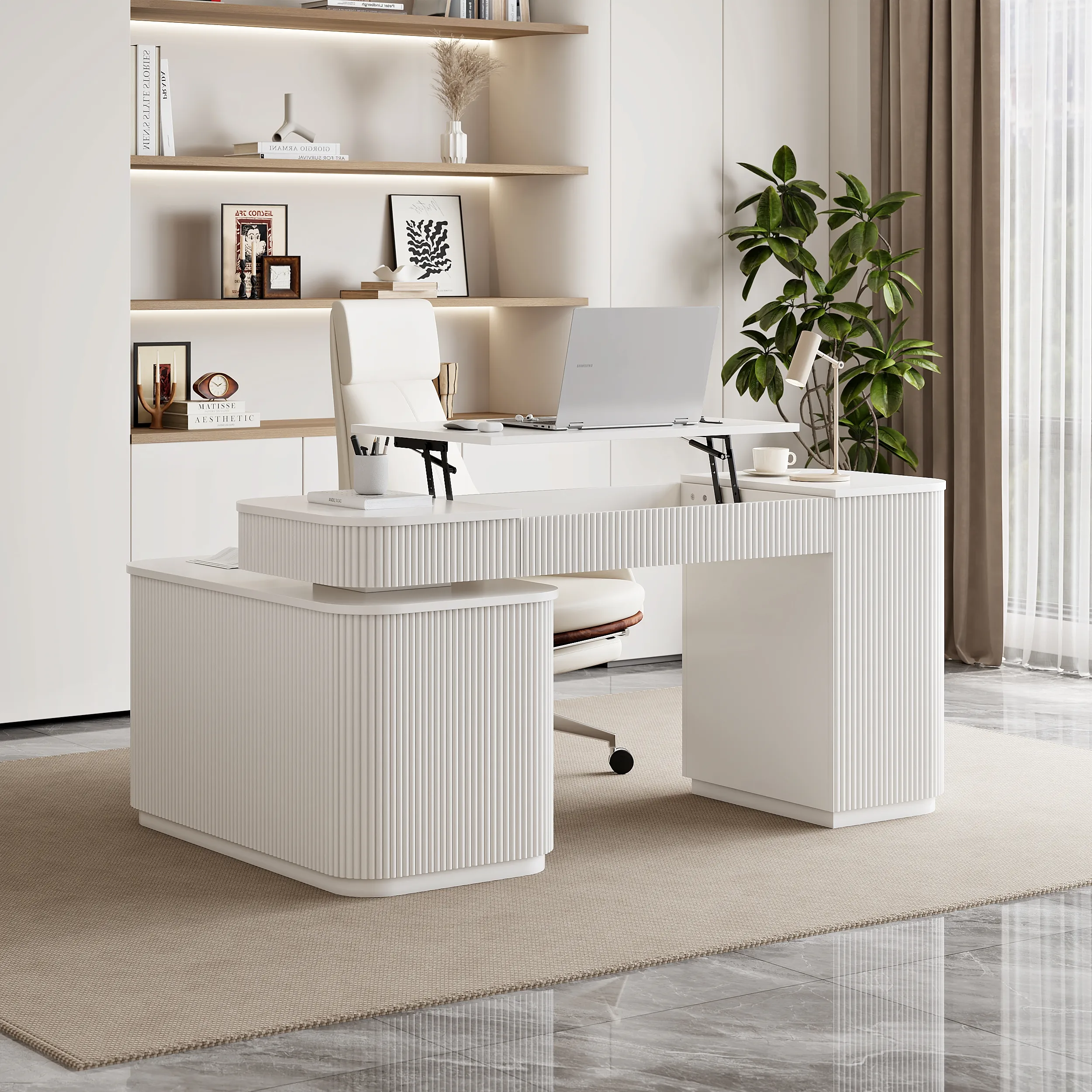 L-Shaped Executive Desk with Lift-Top & Storage - Warm White product