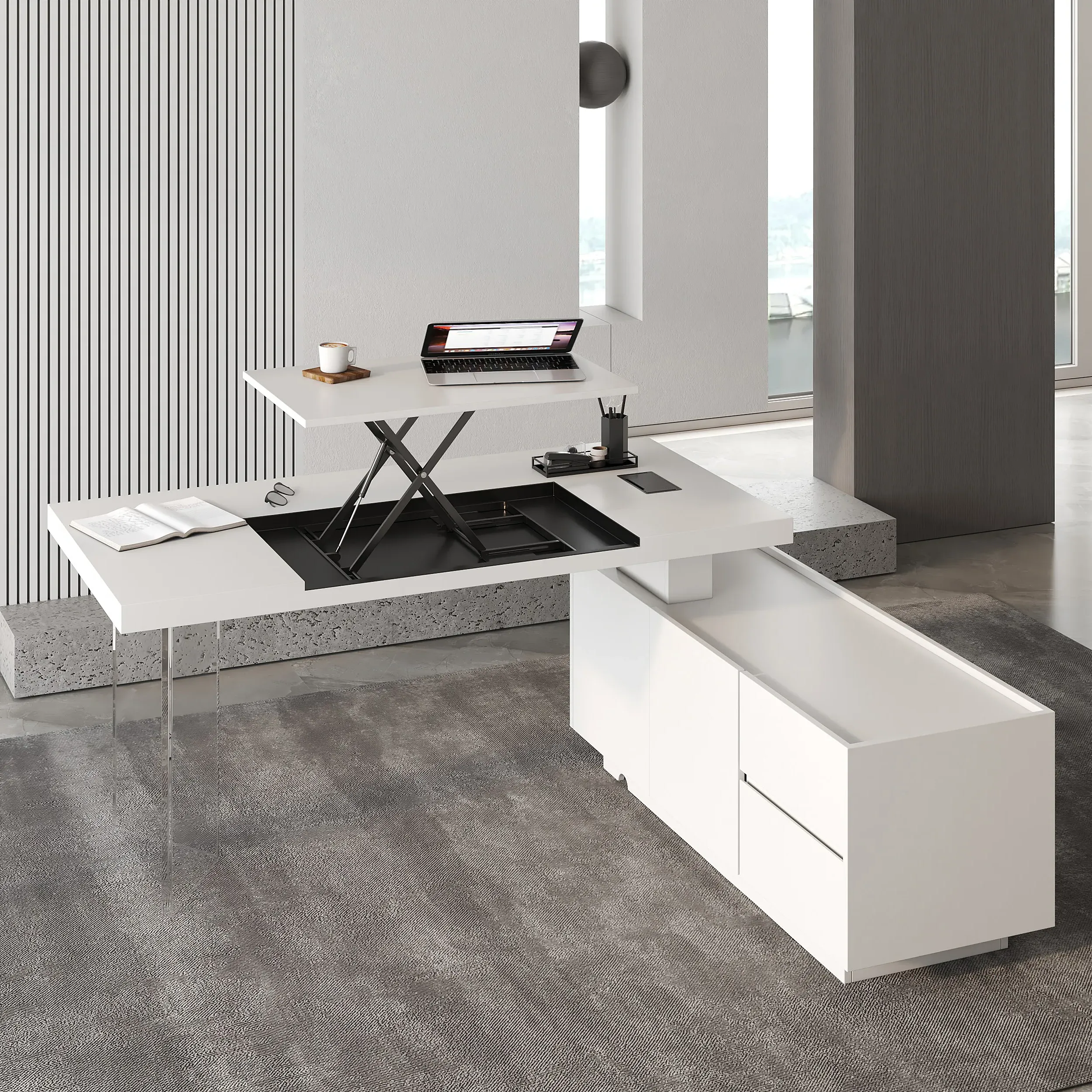 L-Shaped Executive Desk with Side Cabinet, Height Adjustable - White product