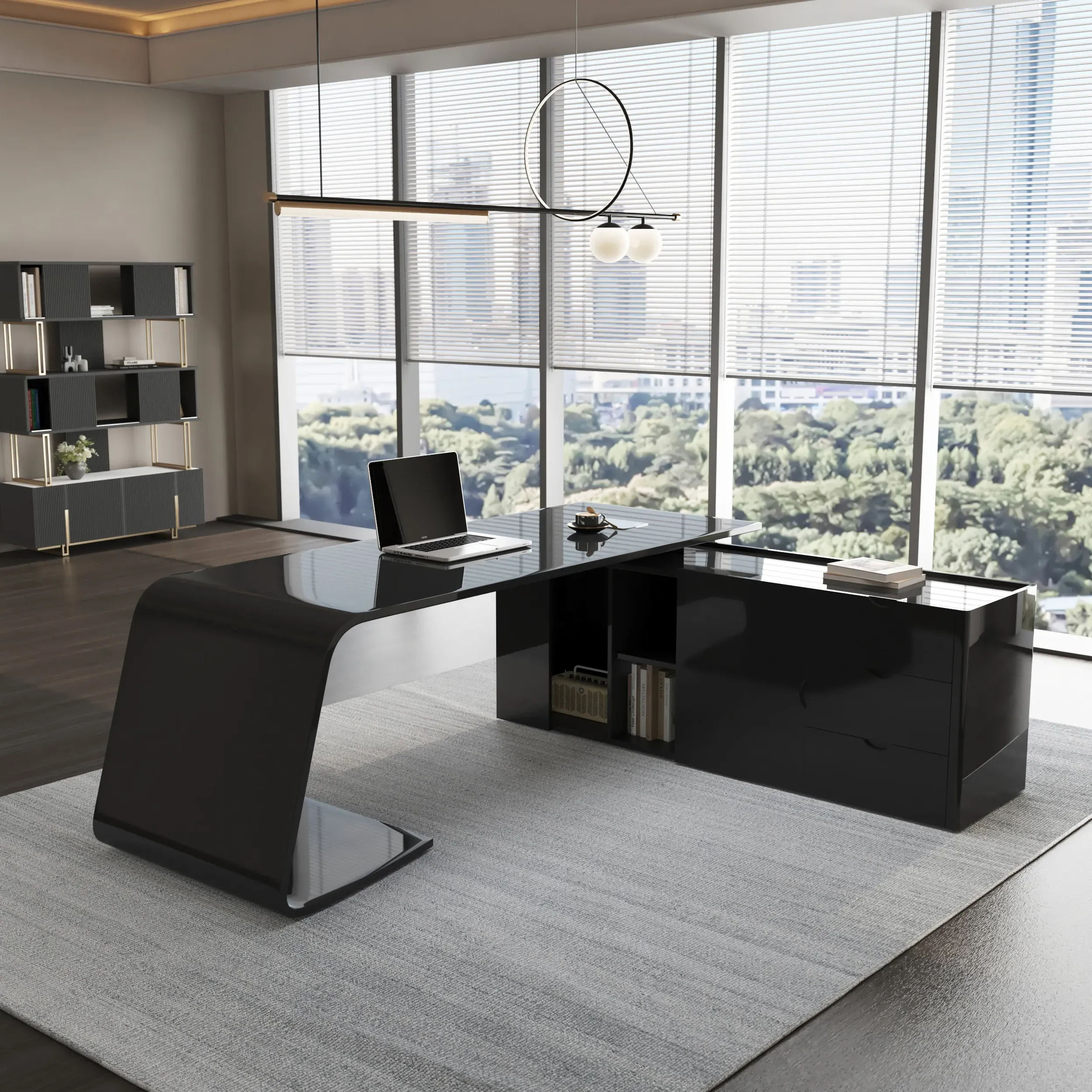 L-Shaped Executive Desk with Storage, Left Hand - Glossy Black product