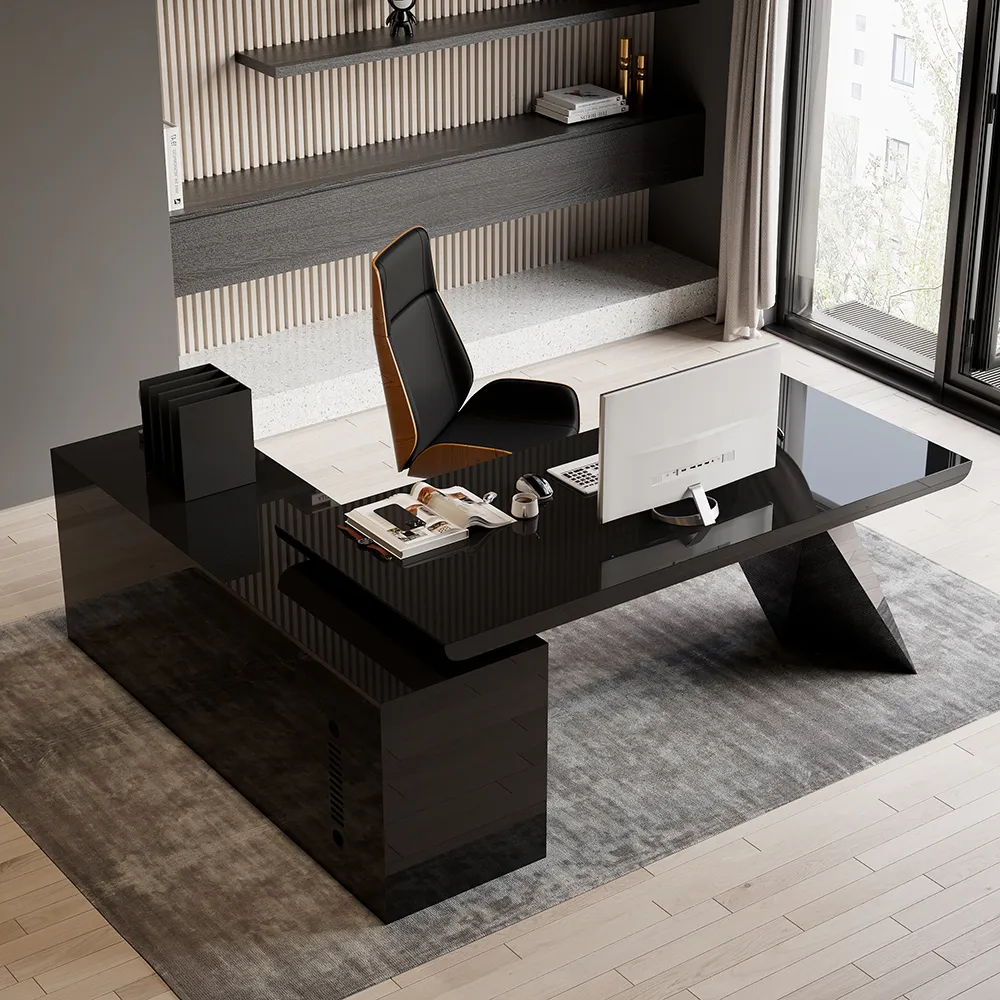 L-Shaped Executive Office Desk with Drawers & Cabinet - Black product