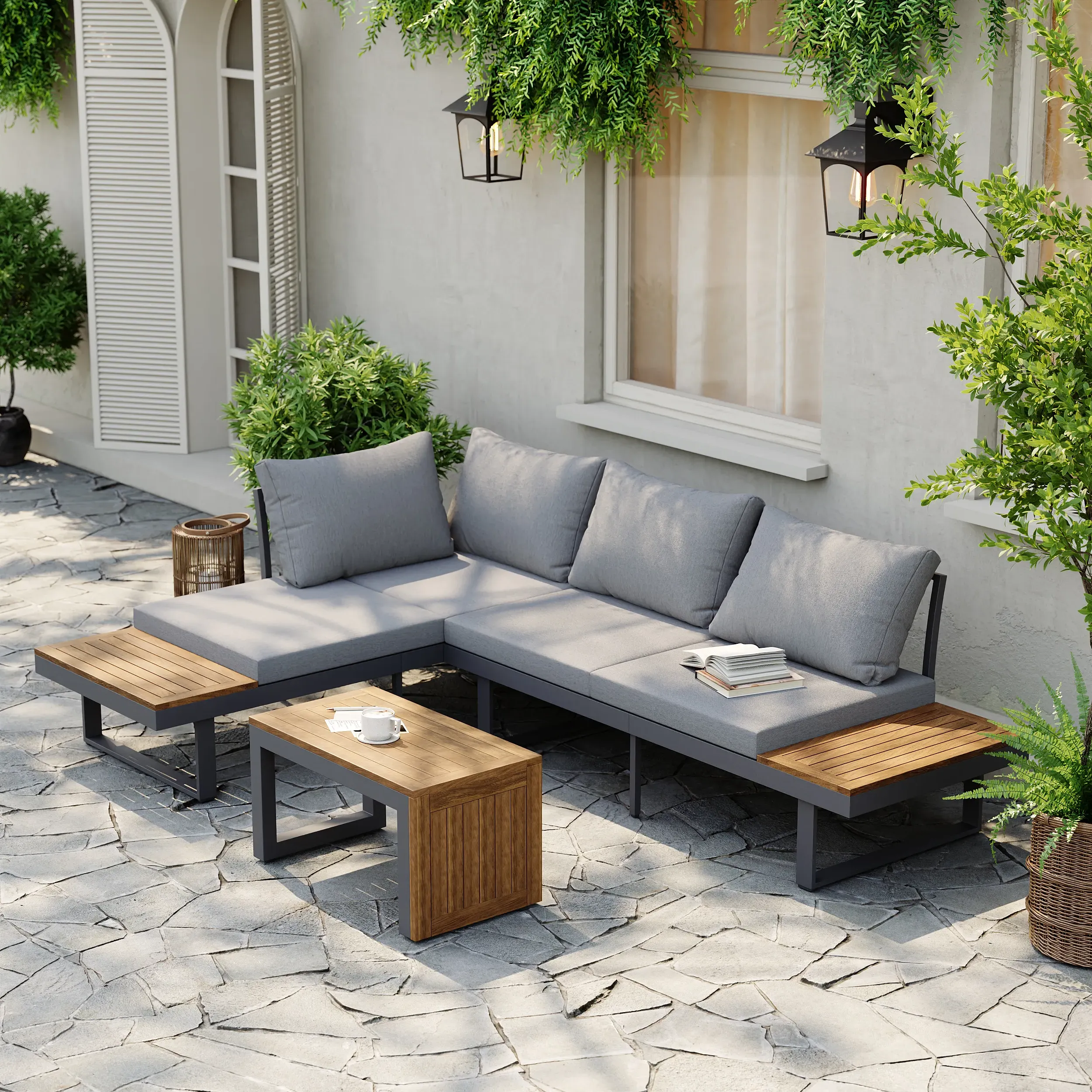 L-Shaped Modular Outdoor Sectional Sofa Set with Side Table - Dark Grey, Acacia product