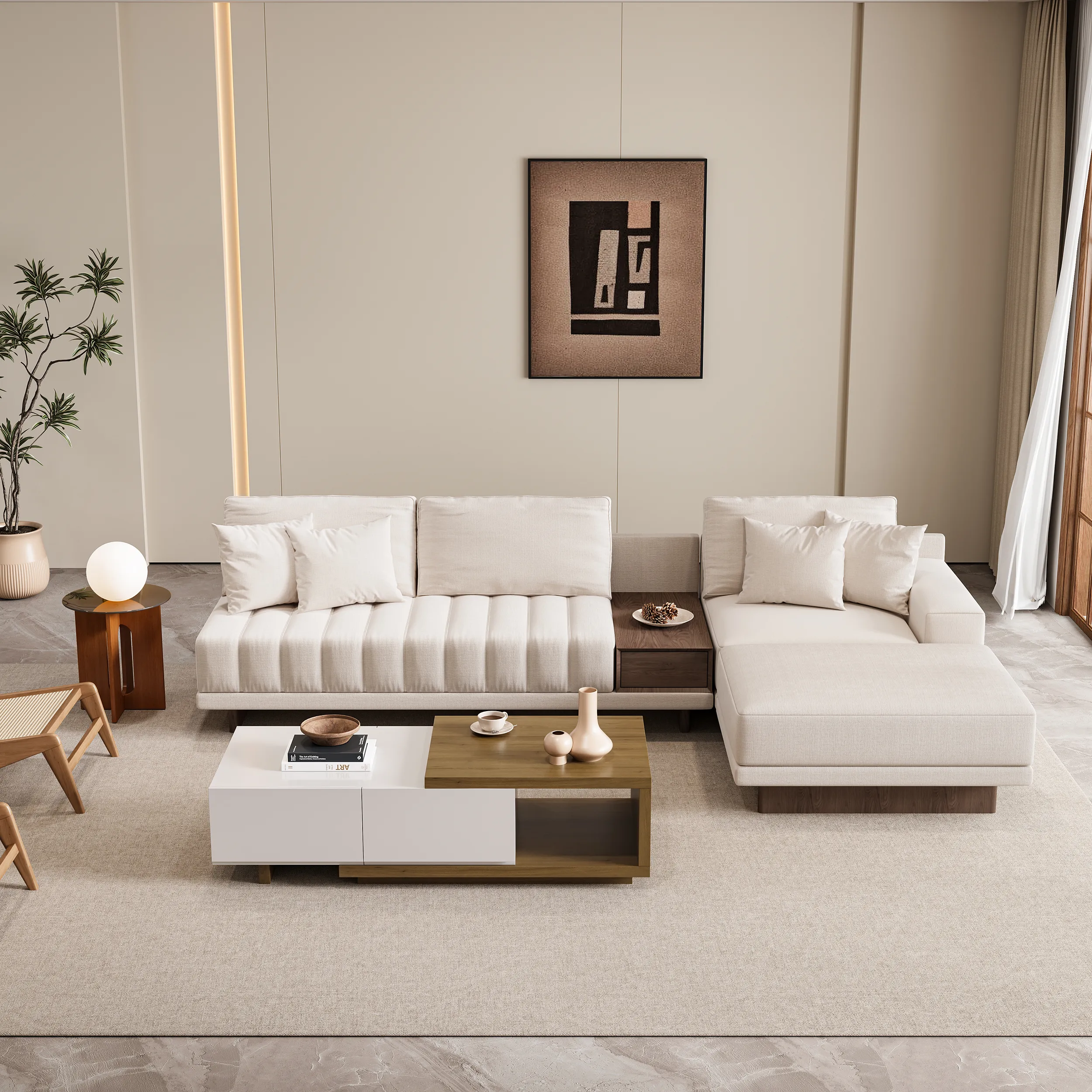 L-Shaped Modular Sectional Sofa & Coffee Table Set - White, Fabric product