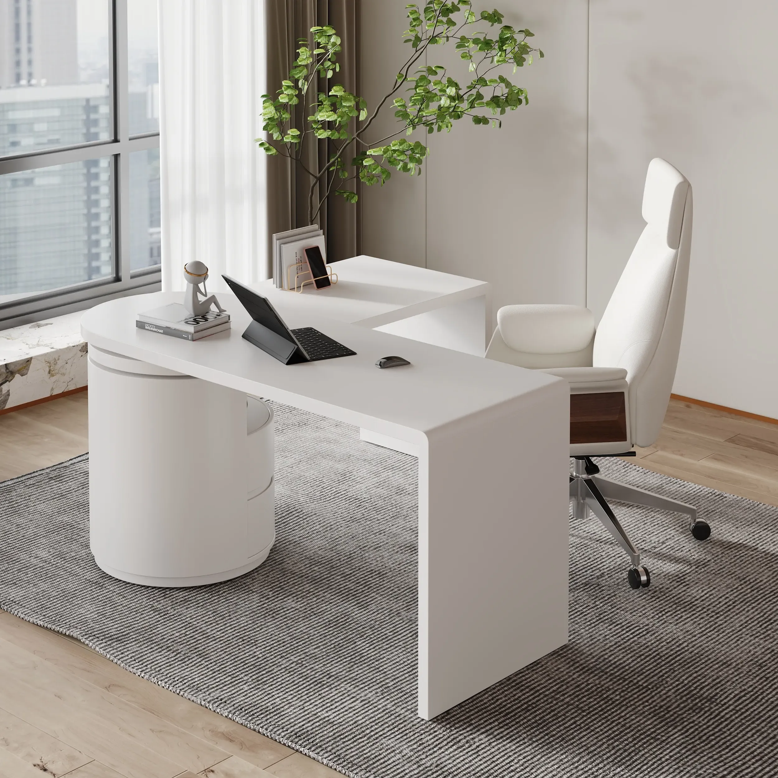 L-Shaped Rotating Executive Desk with Storage Drawers - Matte Warm White product