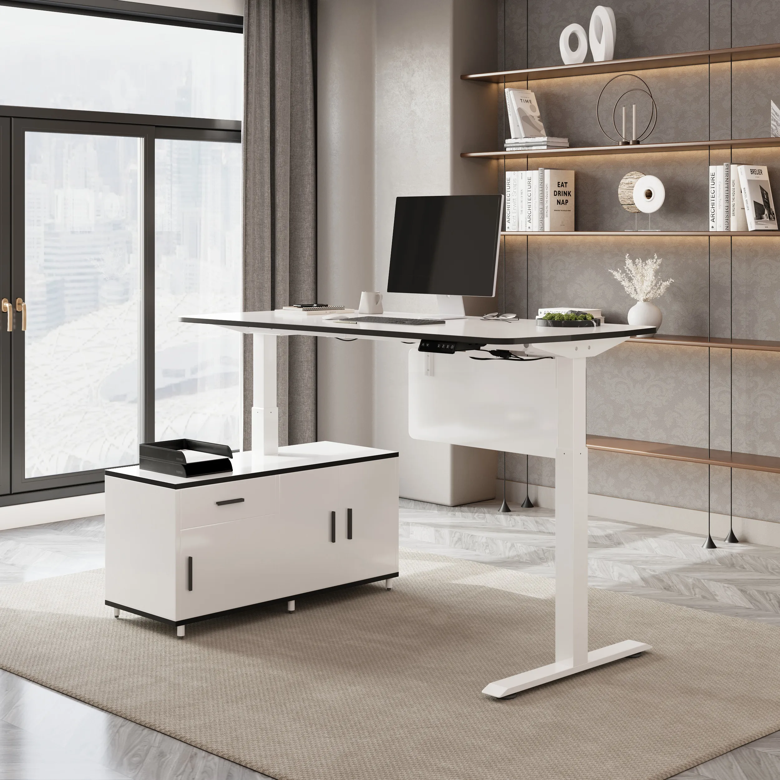 L-Shaped Standing Executive Desk with 3 Doors & Drawer - White, MDF product