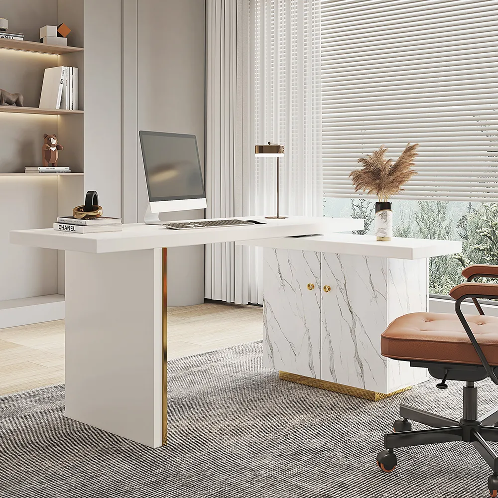 L-Shaped Writing Desk with Side Cabinet - White, Engineered Wood product