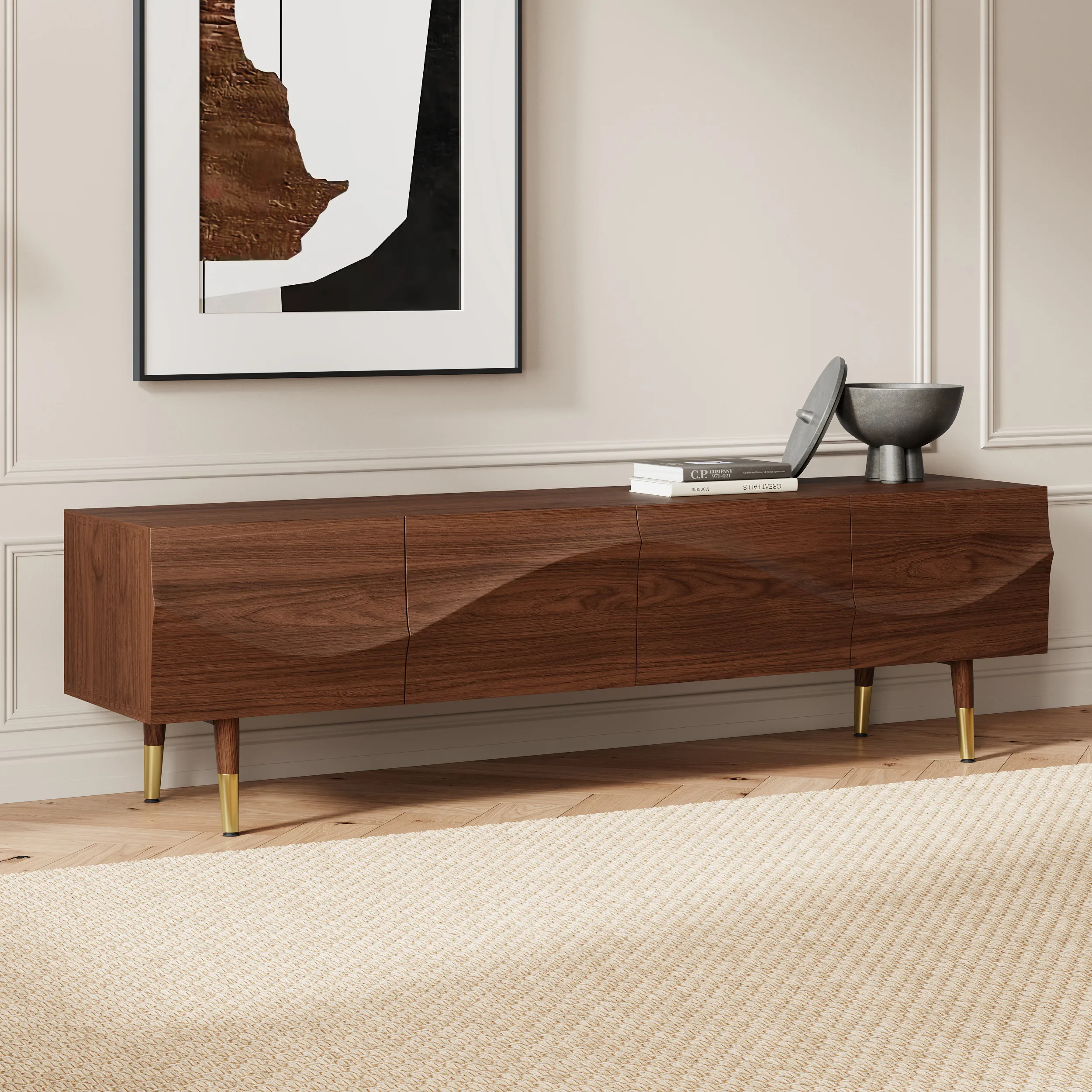 Lake TV Stand with Wavy Design and Drawers - Walnut, Pine product