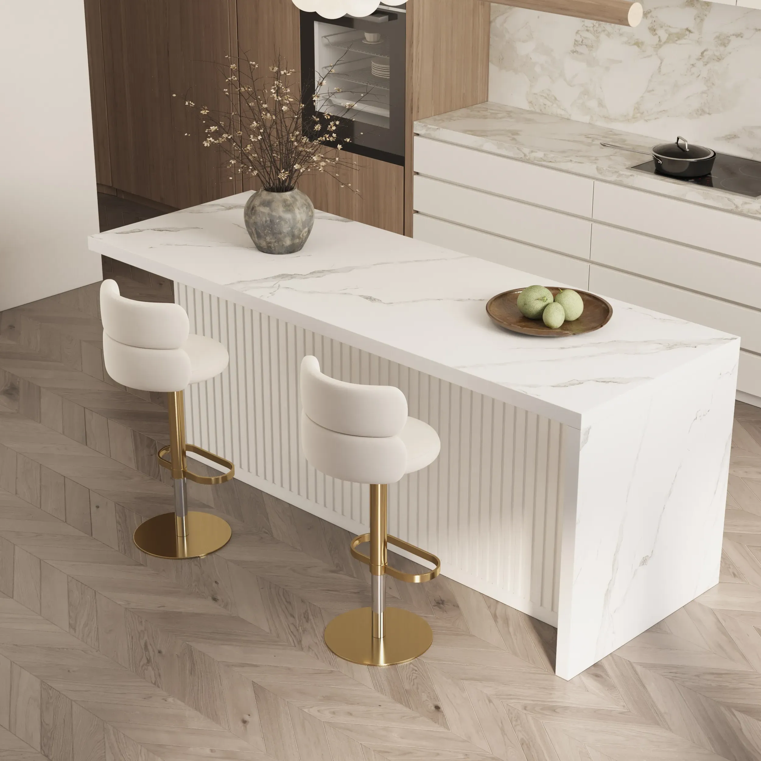 Large Kitchen Island & 2 Swivel Bar Stools Set - White, Marble Veneer product