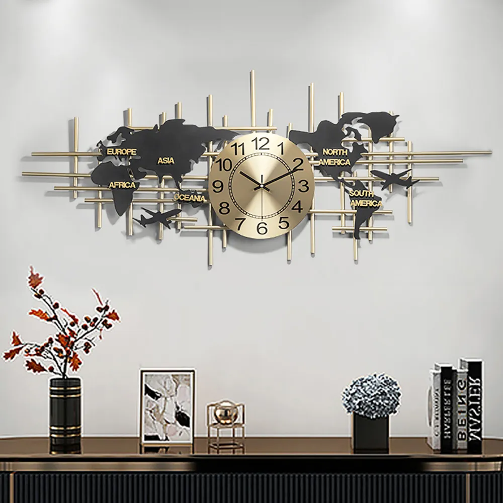 Large Map Wall Clock Silent Quartz - Black, Metal product