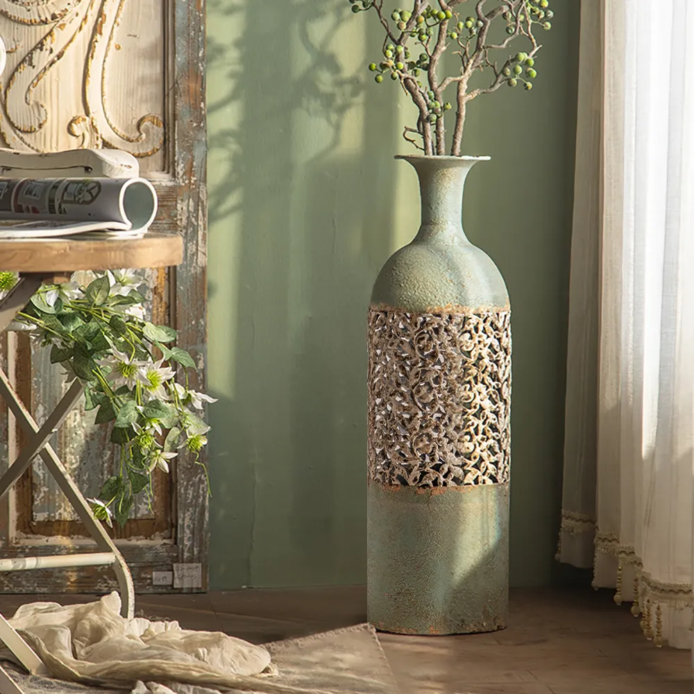 Large Metal Floor Vase Geometric Hollow Pattern - Green, White product