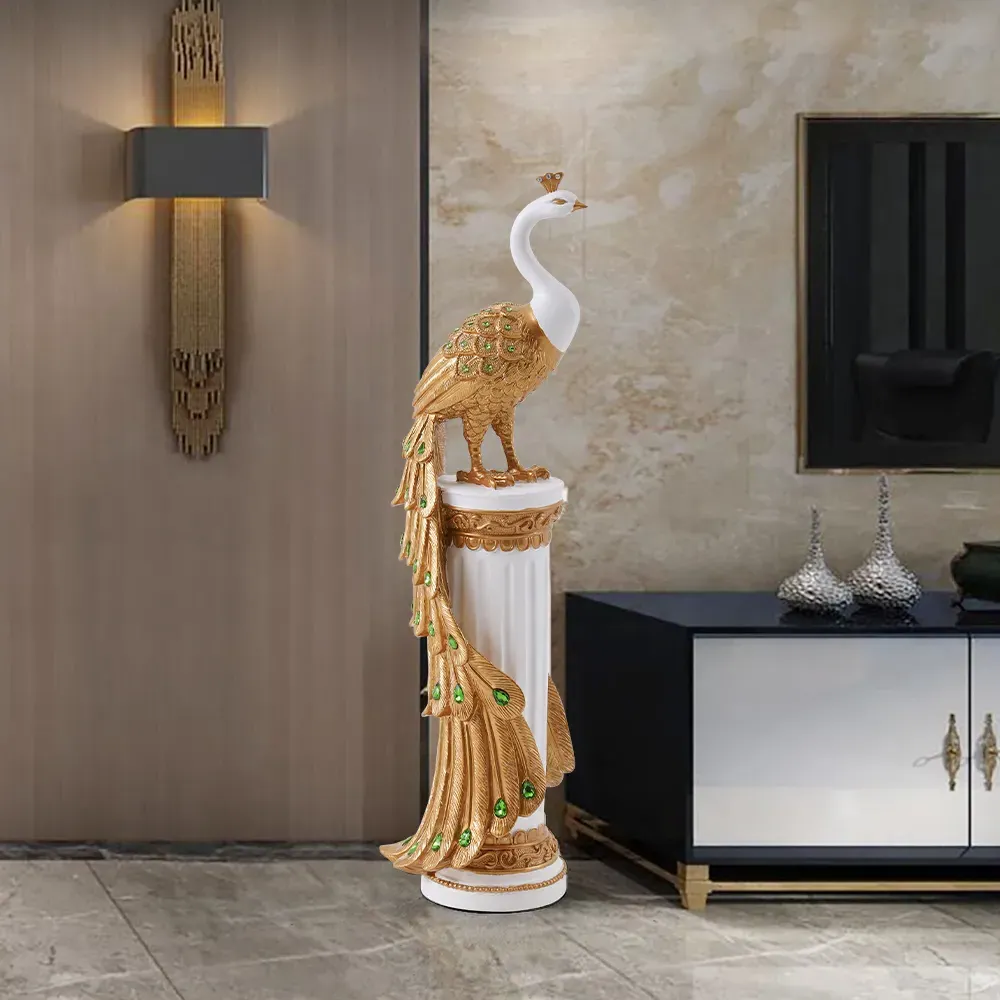 Large Peacock Floor Sculpture with Diamond Decoration - White & Gold, Resin product