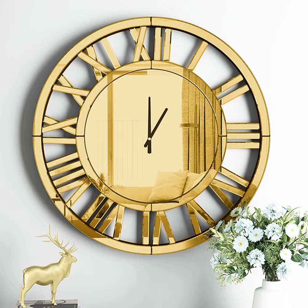 Large Round Wall Clock Roman Numeral Silent - Gold, Acrylic Mirror product