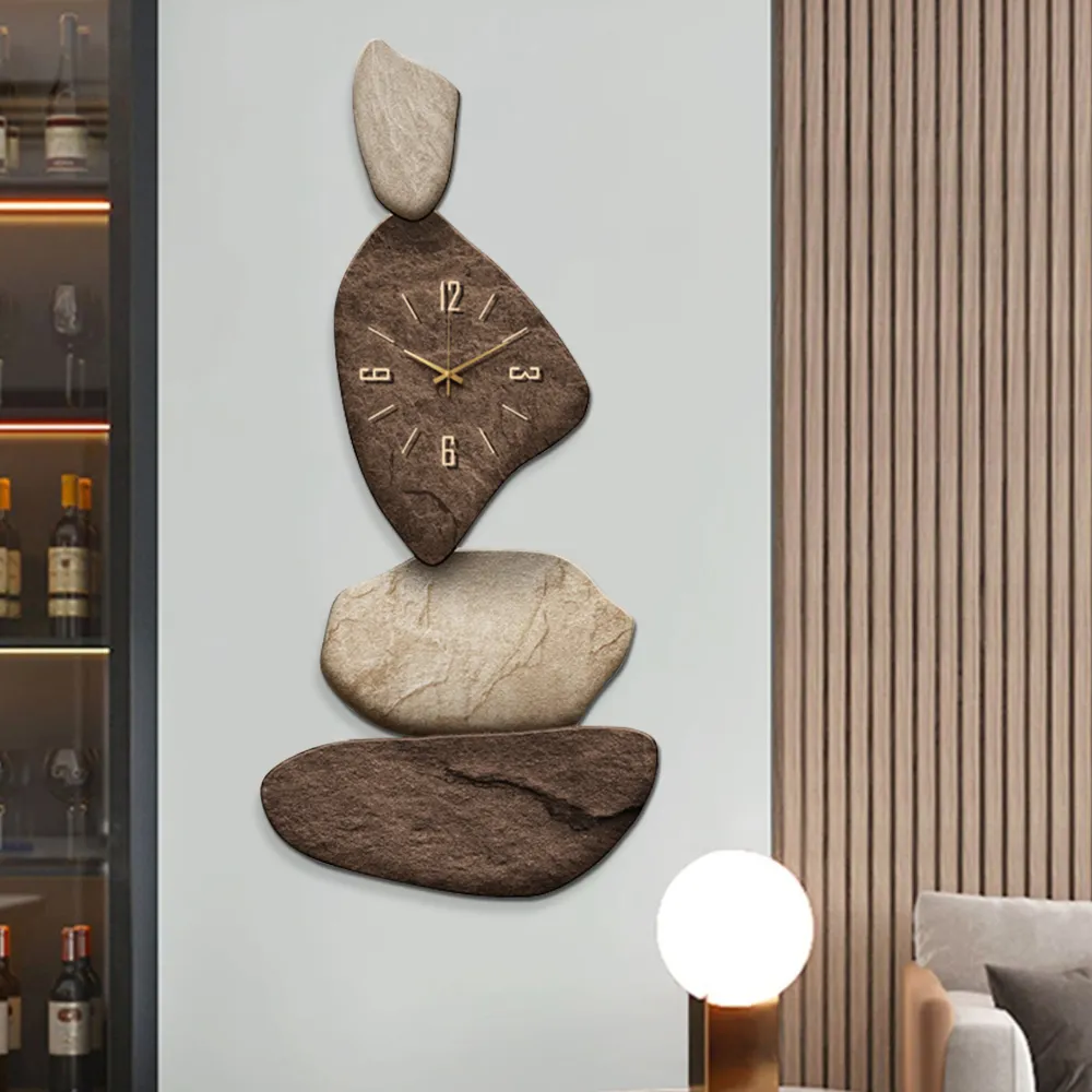 Large Stone Shape Wall Clock Silent Mechanism - Brown, MDF product