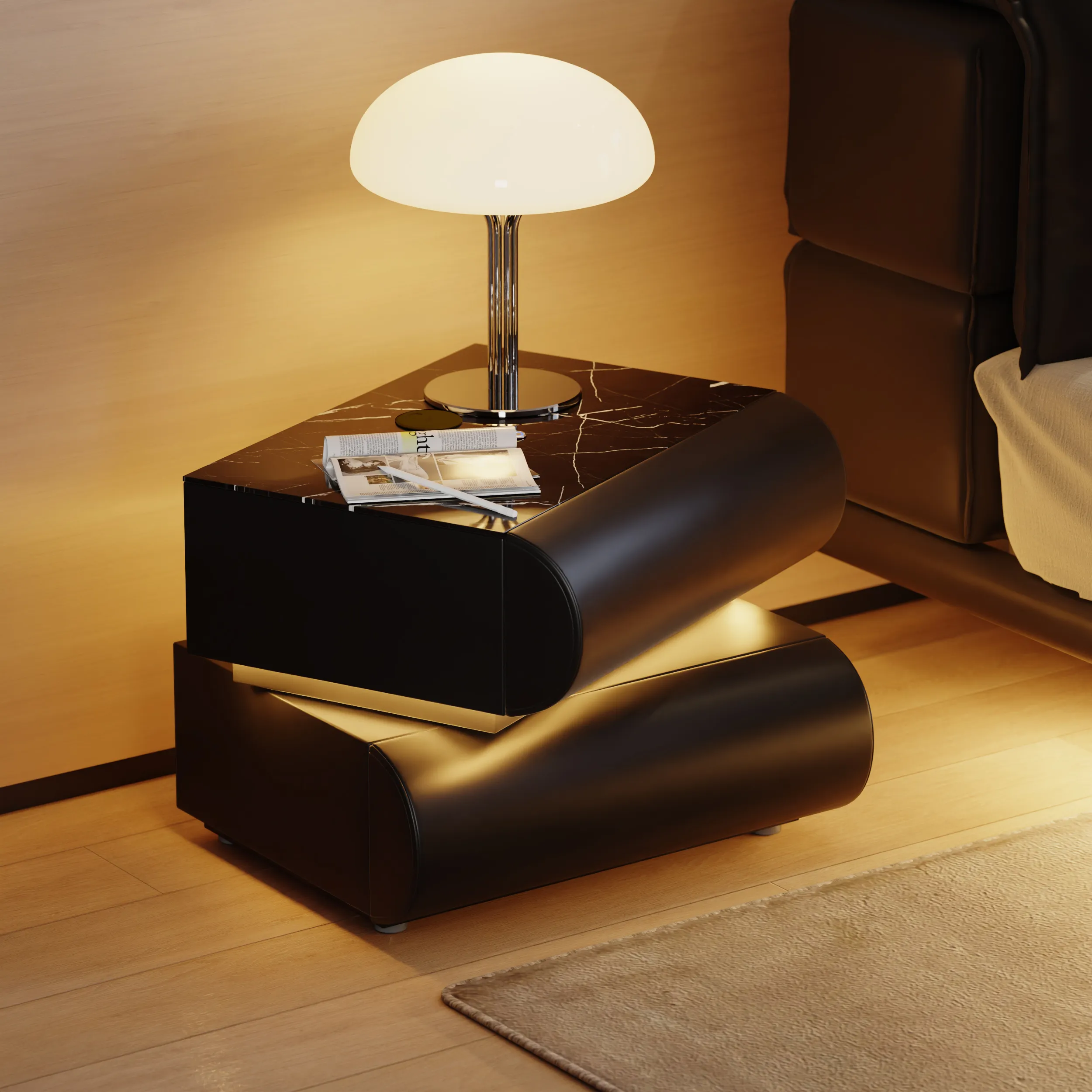 LED Bedside Table with Wireless Charger & 2 Drawers - Black, Leather product