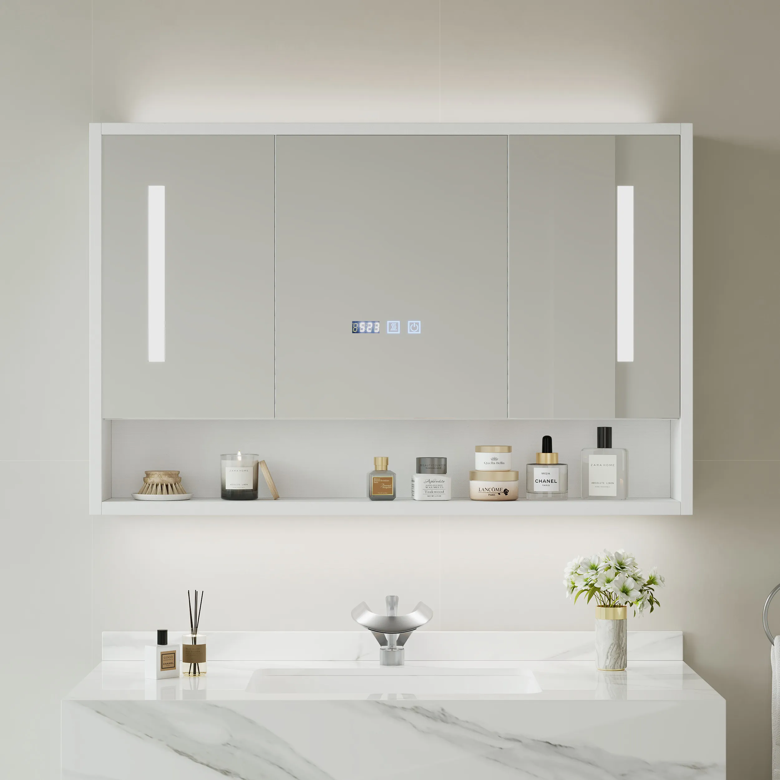 LED Medicine Cabinet with Demister & Digital Clock - White product