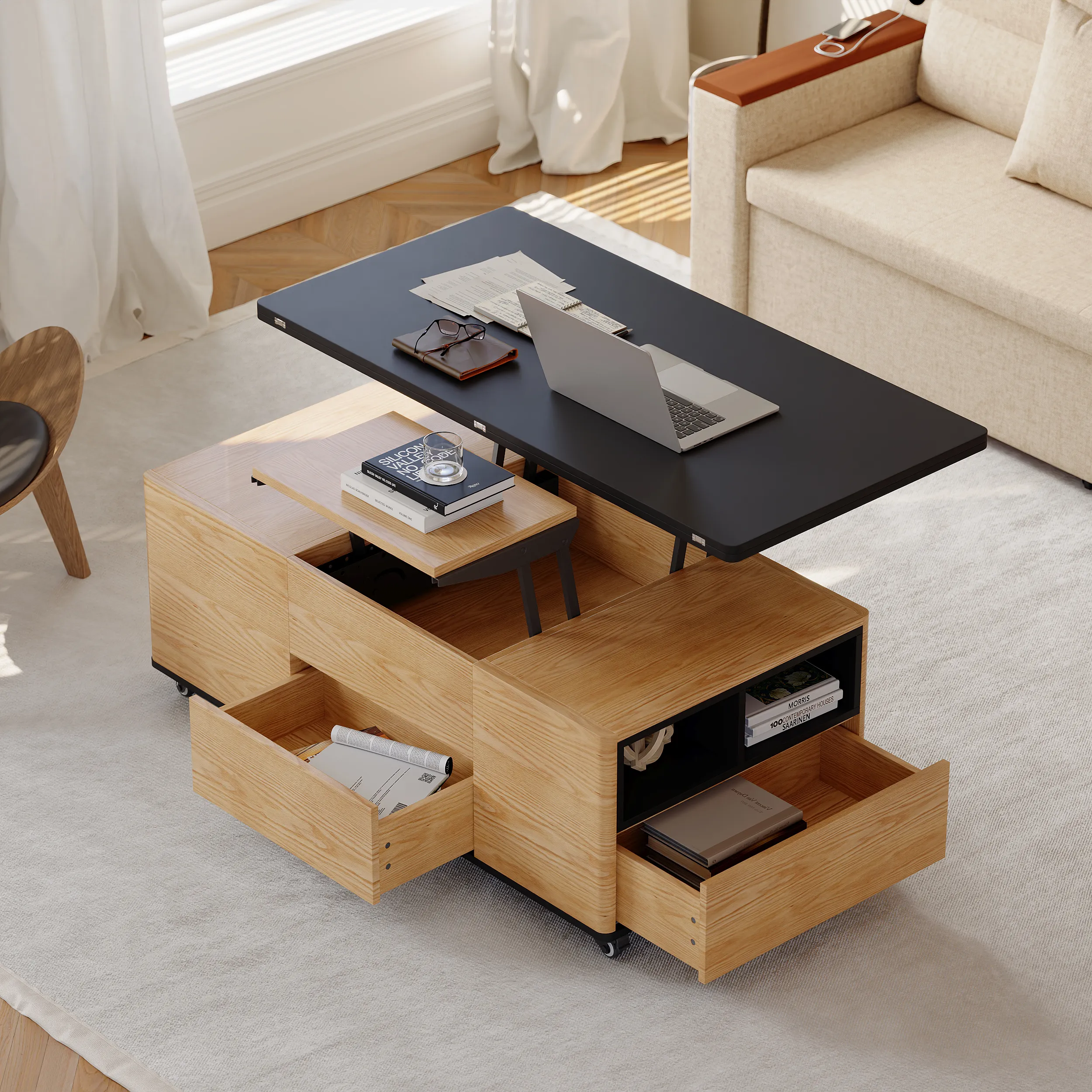 Lift Top Coffee Table with 3 Drawers - Black, Natural product