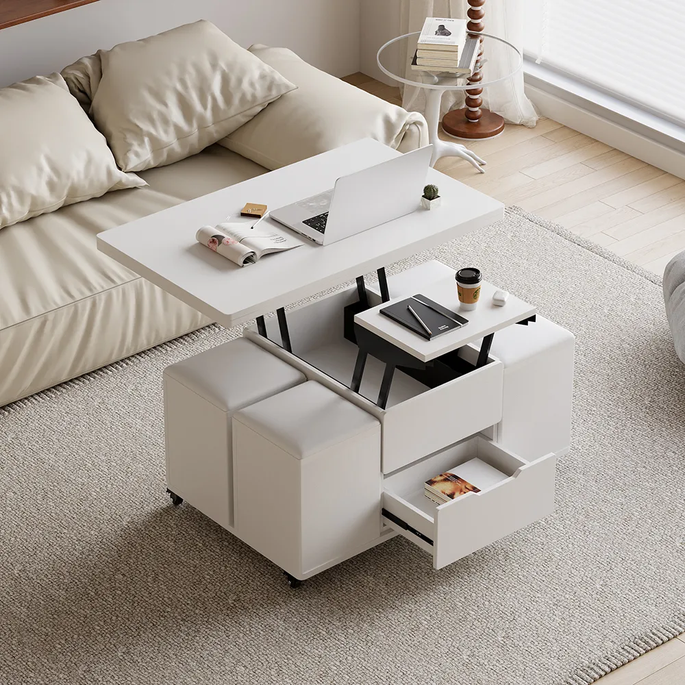 Lift Top Coffee Table with Storage Ottomans & Casters - White product