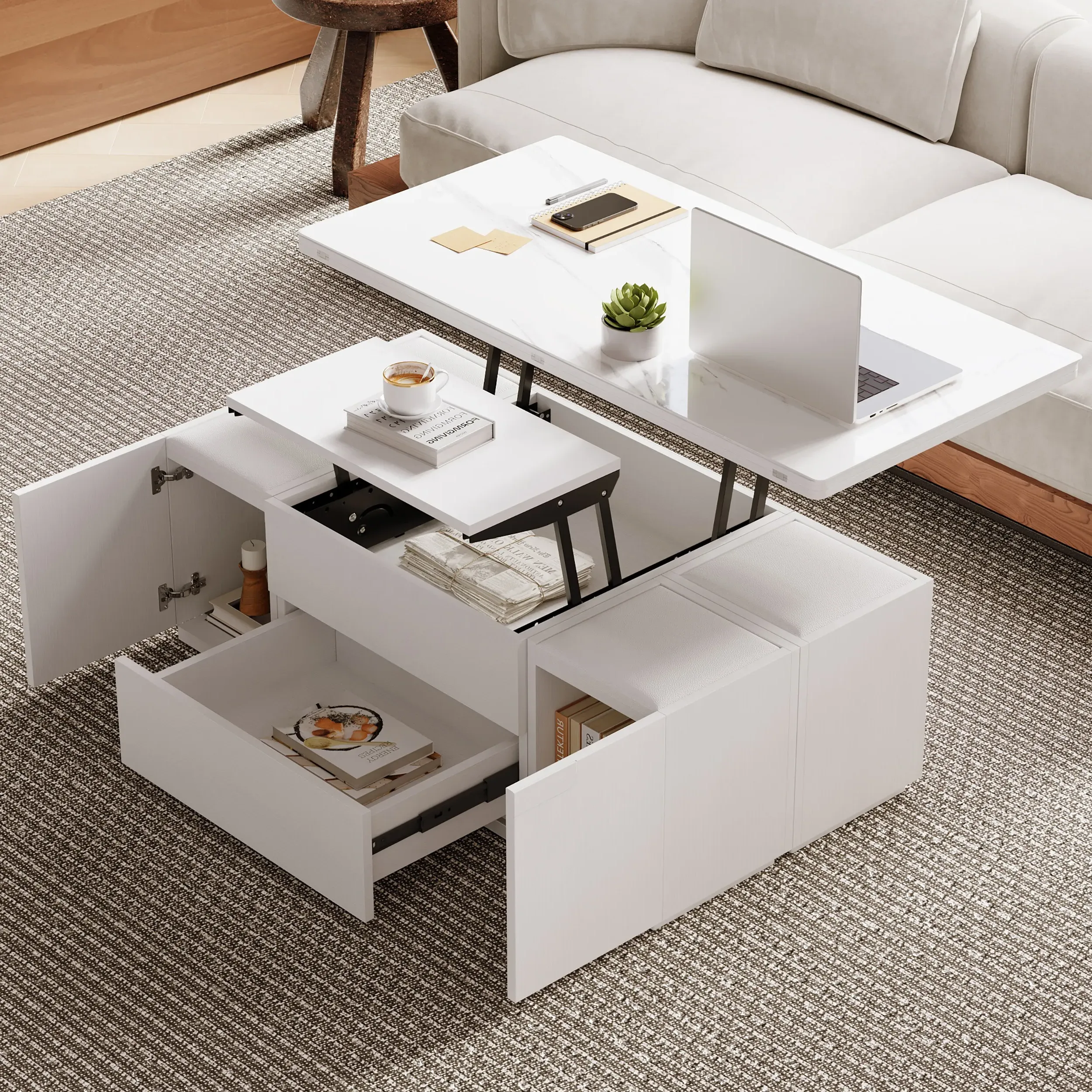 Lift Top Marble Coffee Table with Drawers and Storage product