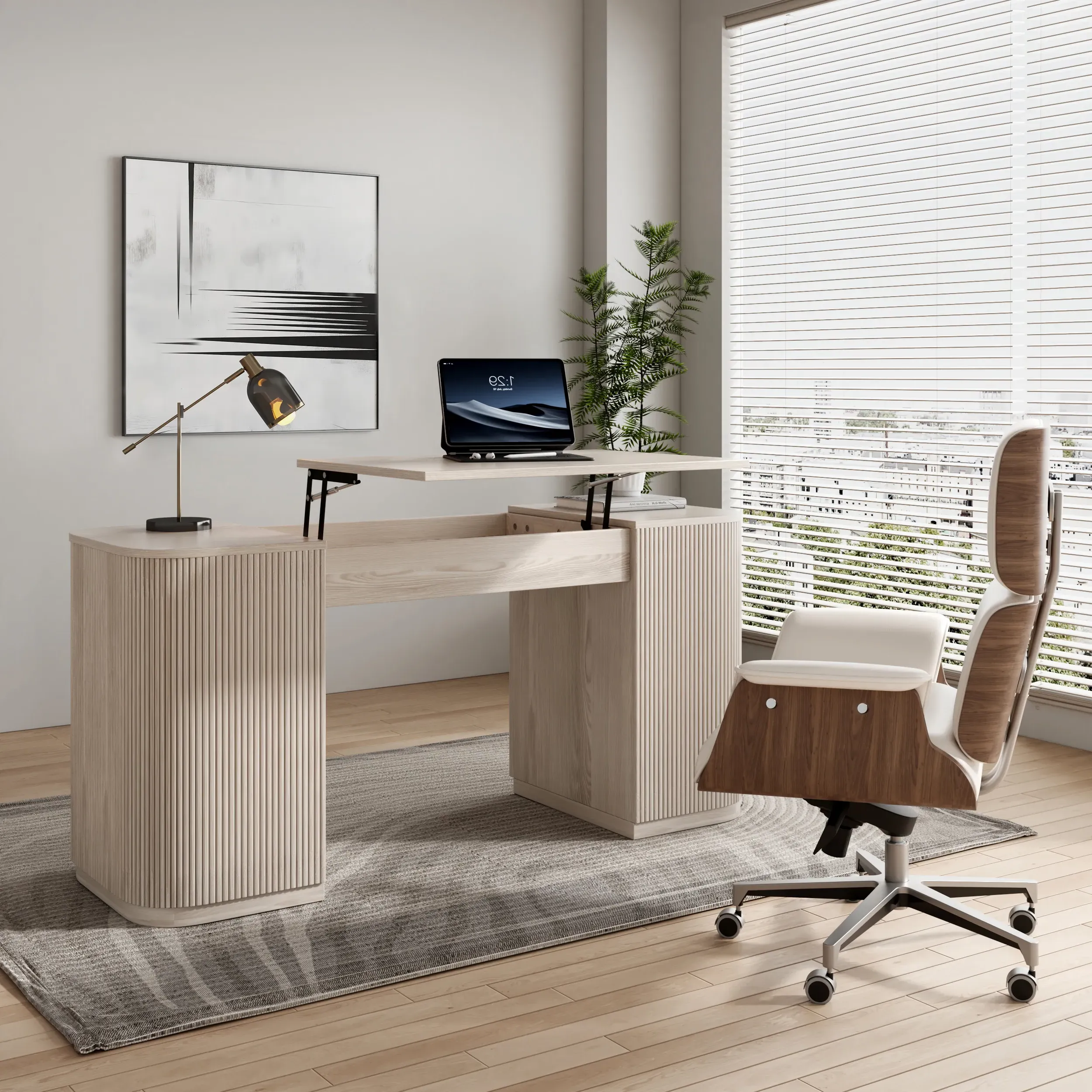 Lift-Top Standing Desk & Swivel Chair Set - Whitewash product