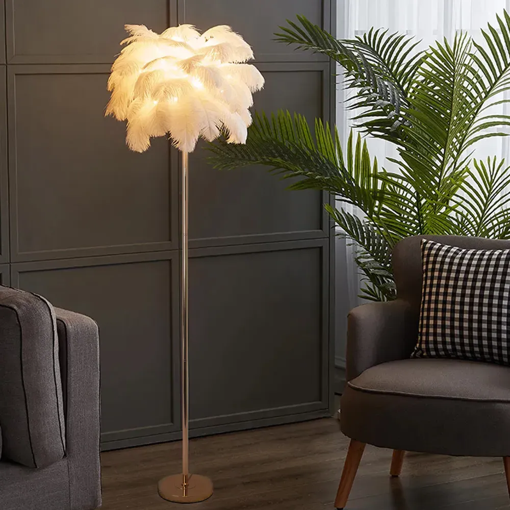 Loftus Tree Floor Lamp with Feather Shade - Rose Gold, White product