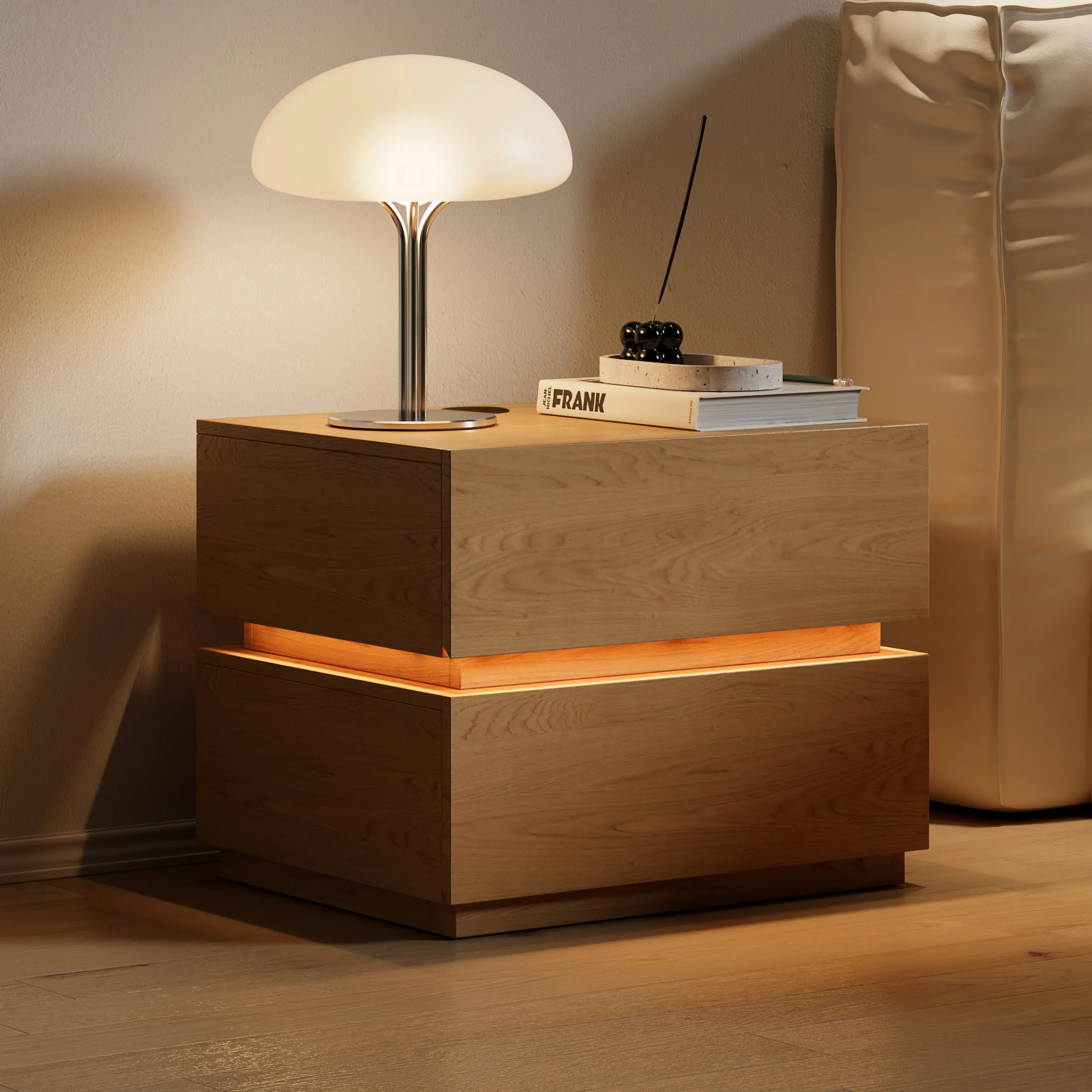 Lumio Bedside Table with LED & Wireless Charging - Natural, Wood product