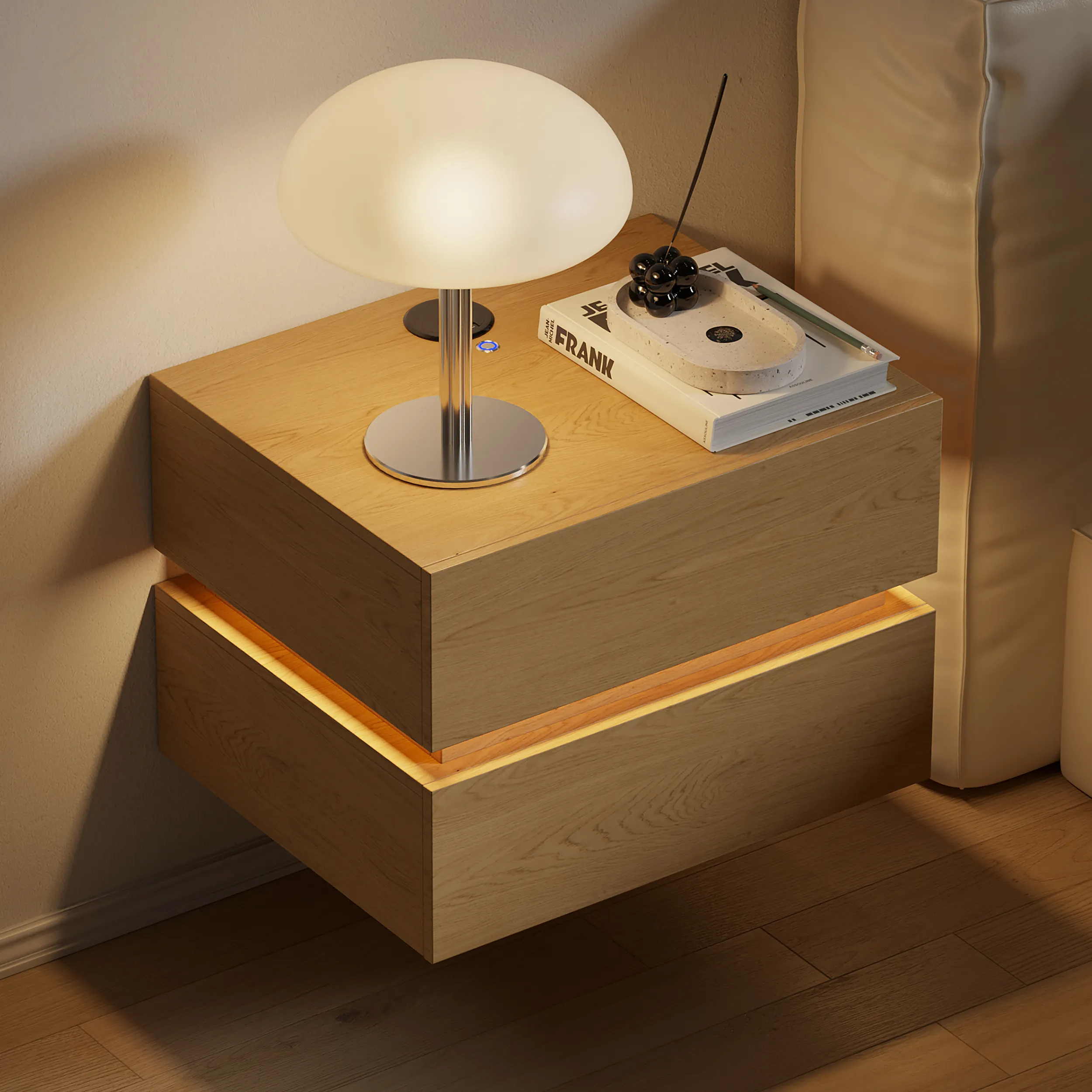 Lumio Floating Bedside Table with LED & Wireless Charging - Natural product