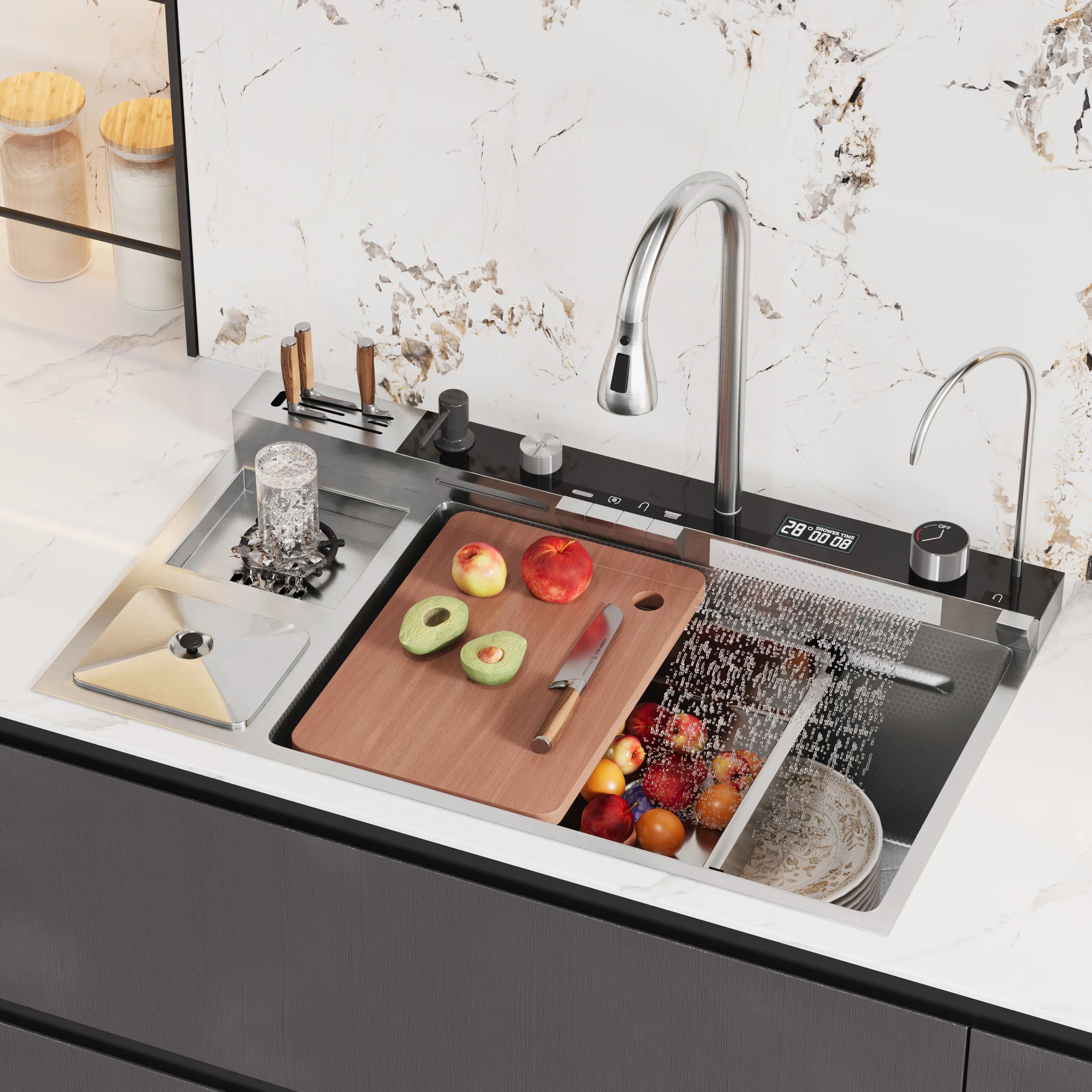 Multi-Function Kitchen Sink with Pull-Out Faucet - Brushed Nickel, Stainless Steel product