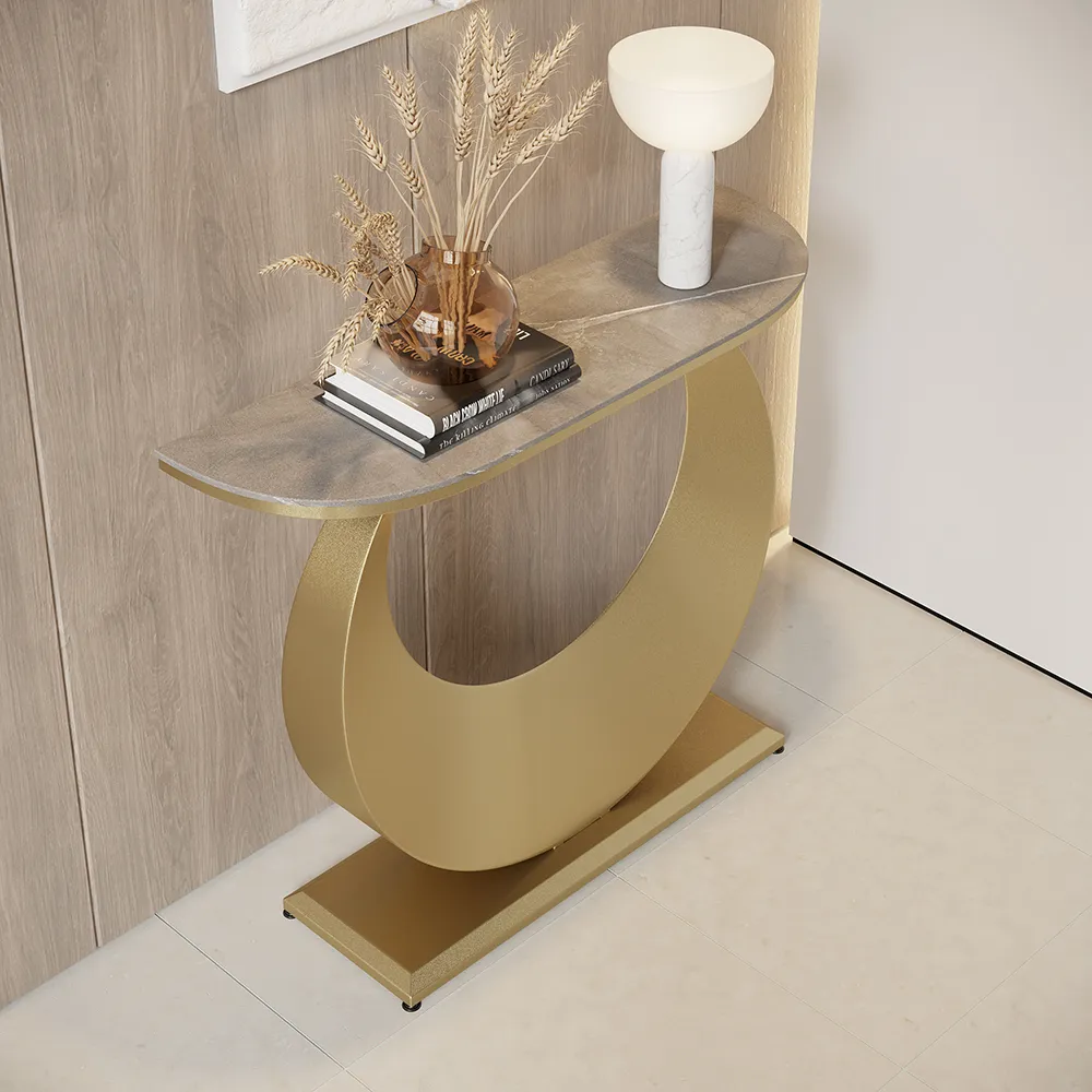 Narrow Console Table with Half-Moon Steel Base - Grey, Sintered Stone product