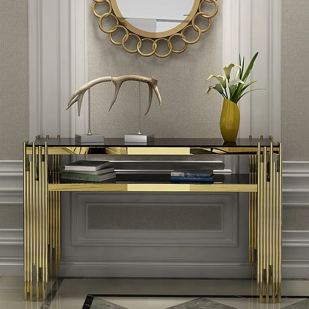 Narrow Console Table with Storage Shelf and Gold Legs - Black, Faux Marble product
