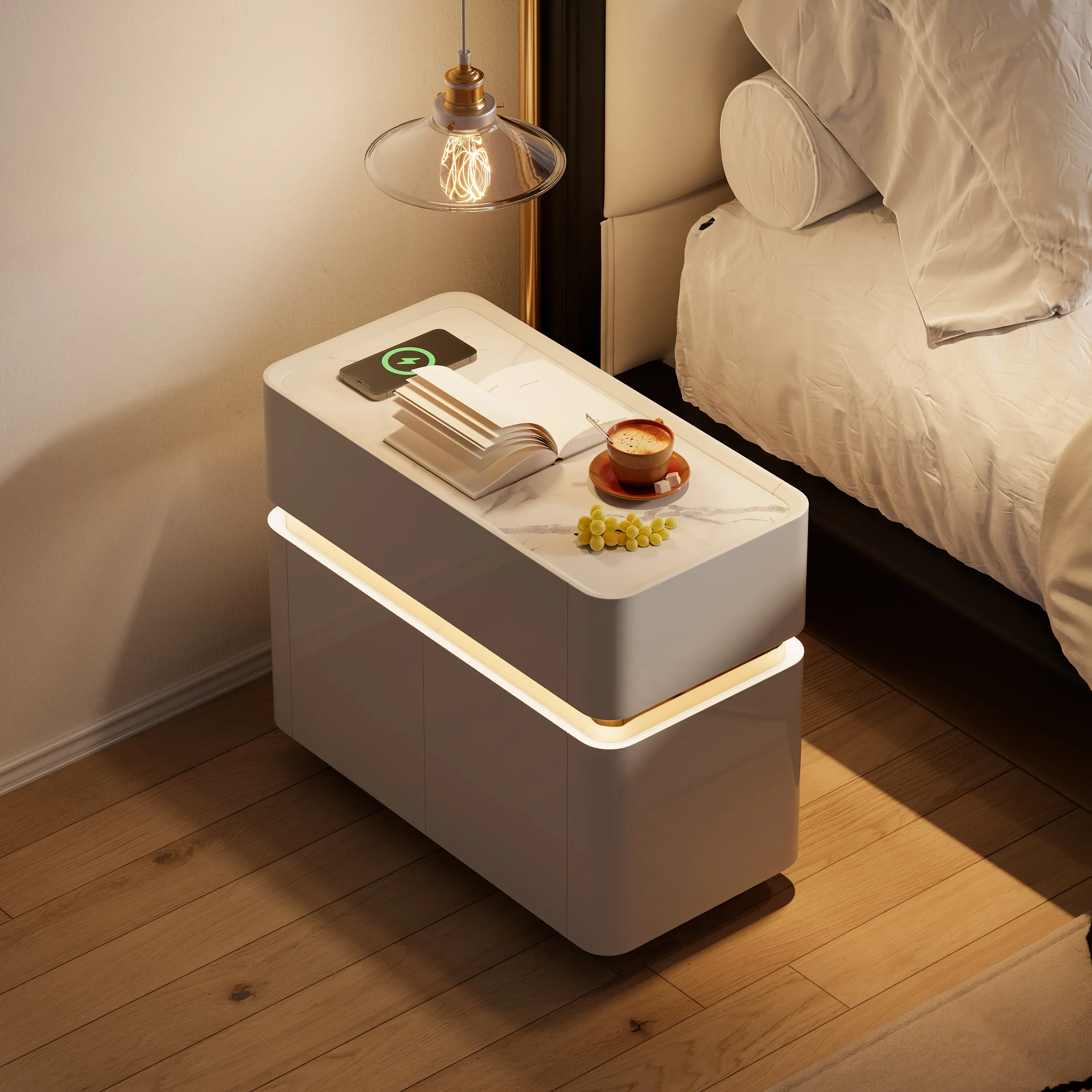 Narrow LED Nightstand with Sintered Stone Top - White product