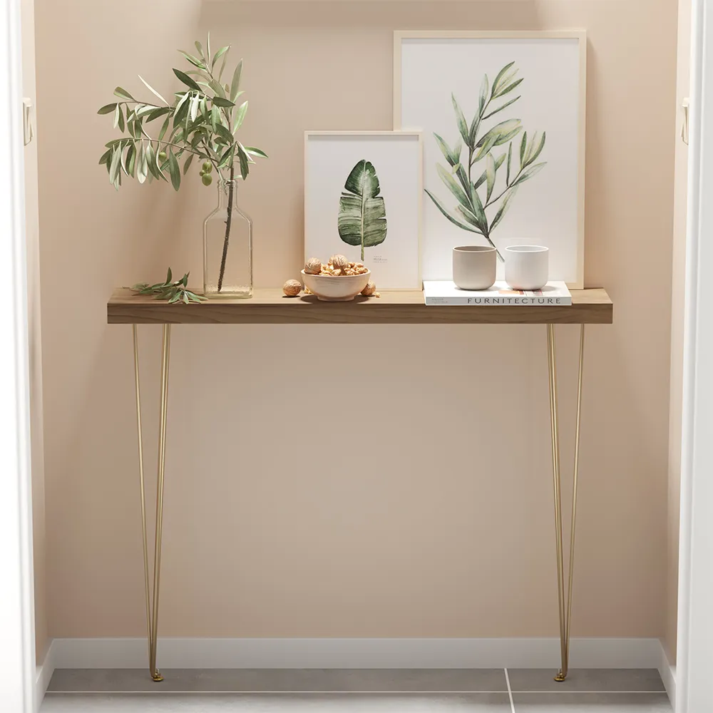 Narrow Rectangular Console Table Metal Legs - Walnut, Wood product