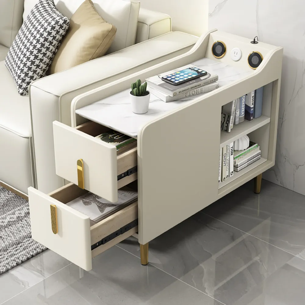 Narrow Side Table with Speaker & USB Port - Warm White, Sintered Stone product