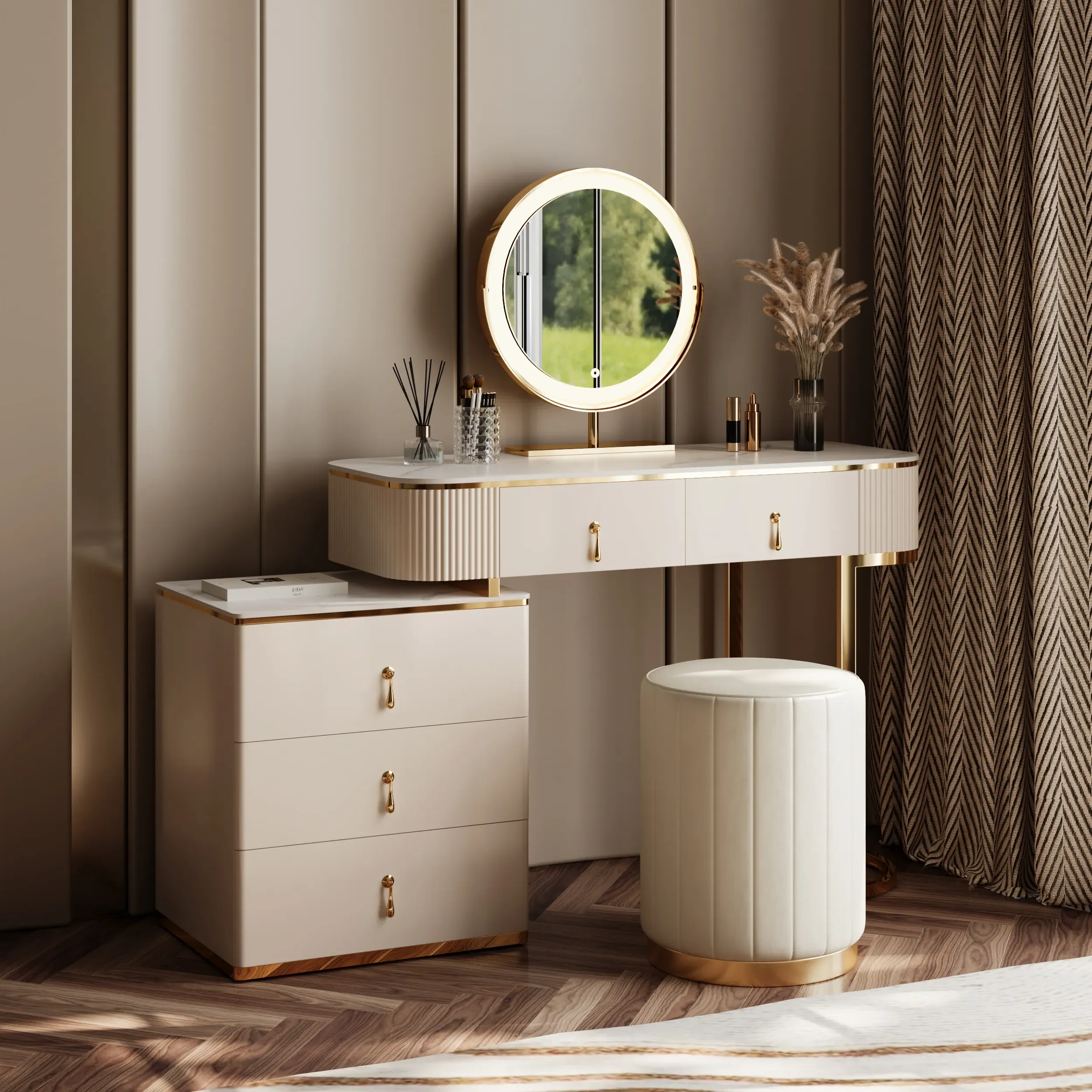 Nordic Extendable Dressing Table with 5 Drawers - Ivory, Sintered Stone product
