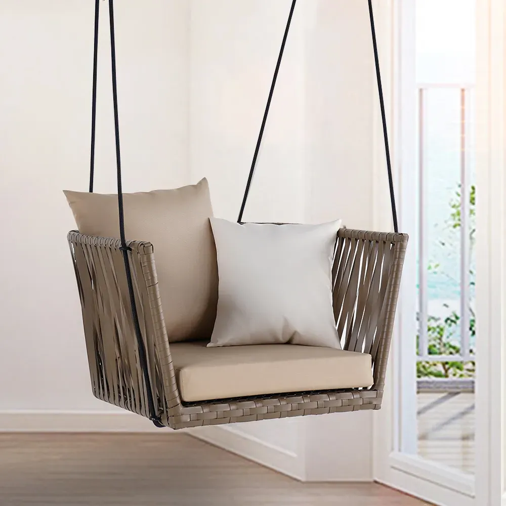 Outdoor Hanging Swing Chair with Cushion - Khaki, Rattan product