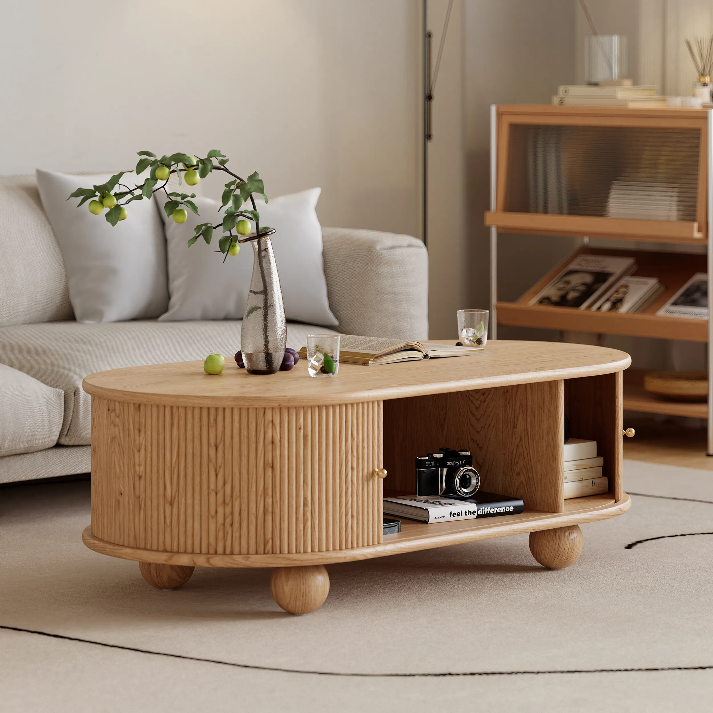 Oval Coffee Table with Tambour Door Storage - Natural, Ash Wood product