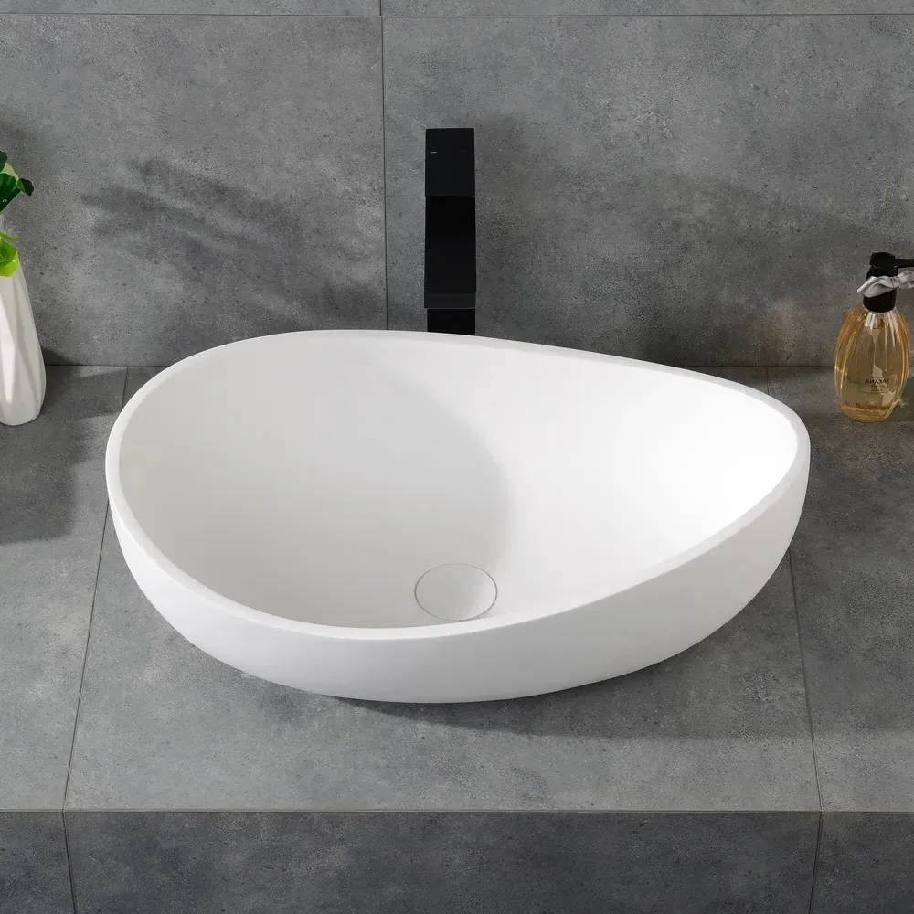 Oval Counter Top Basin with Pop Up Waste - Matte White, Stone Resin product